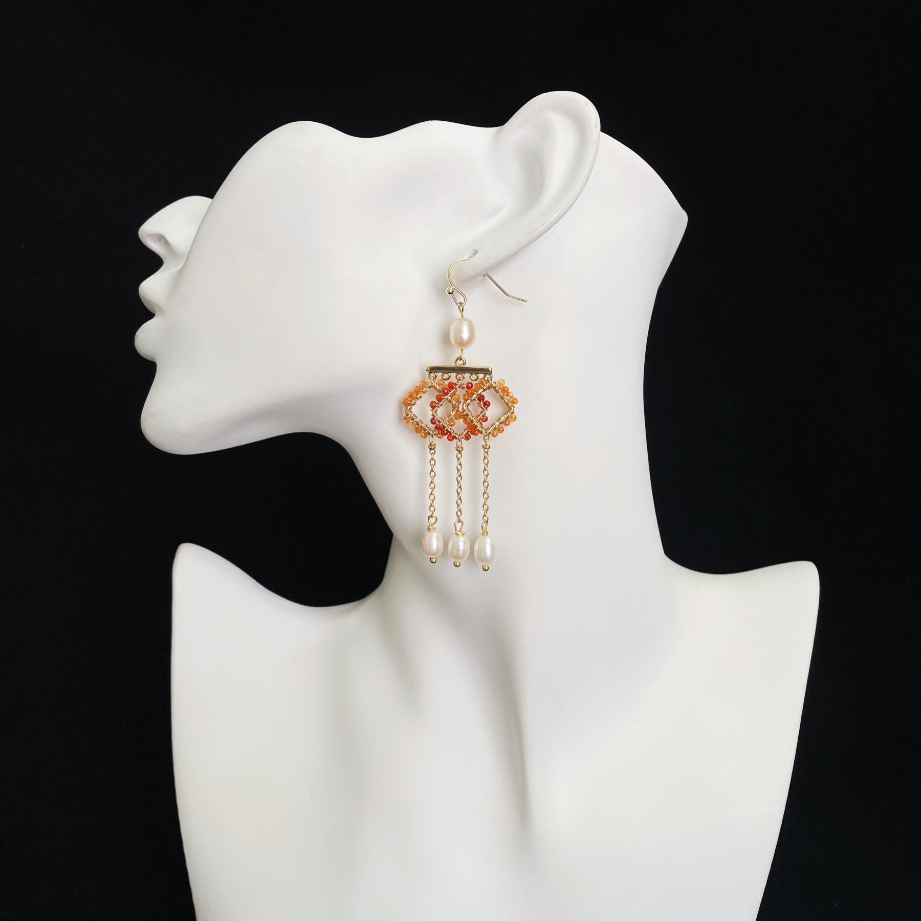 Handcrafted Geometric Red Aventurine and Pearls Drop Elegance Earrings 