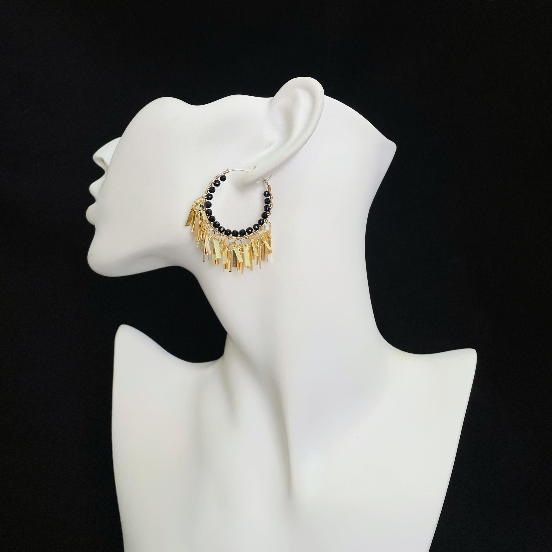 Handcrafted Woven Black Spinel with Golden Tassel Hoop Earrings