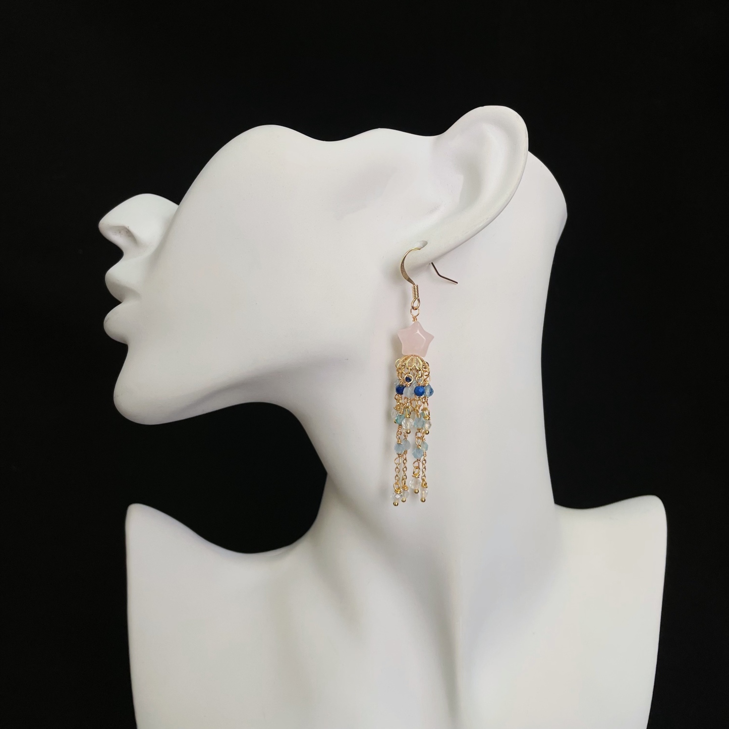 Handcrafted Celestial Cascade Rose Quartz Star and Blue Gemstone Tassel Earrings