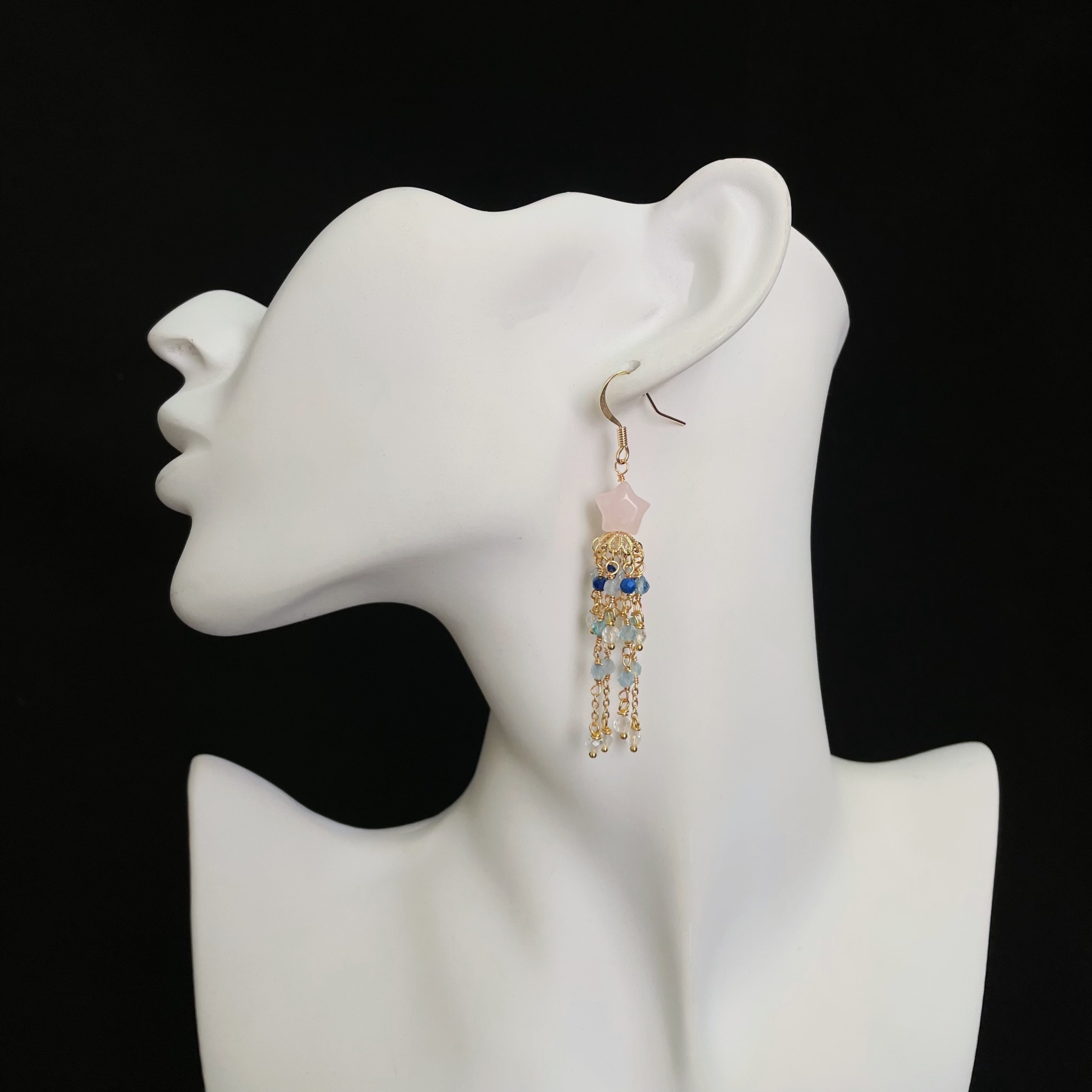 Handcrafted Celestial Cascade Rose Quartz Star and Blue Gemstone Tassel Earrings