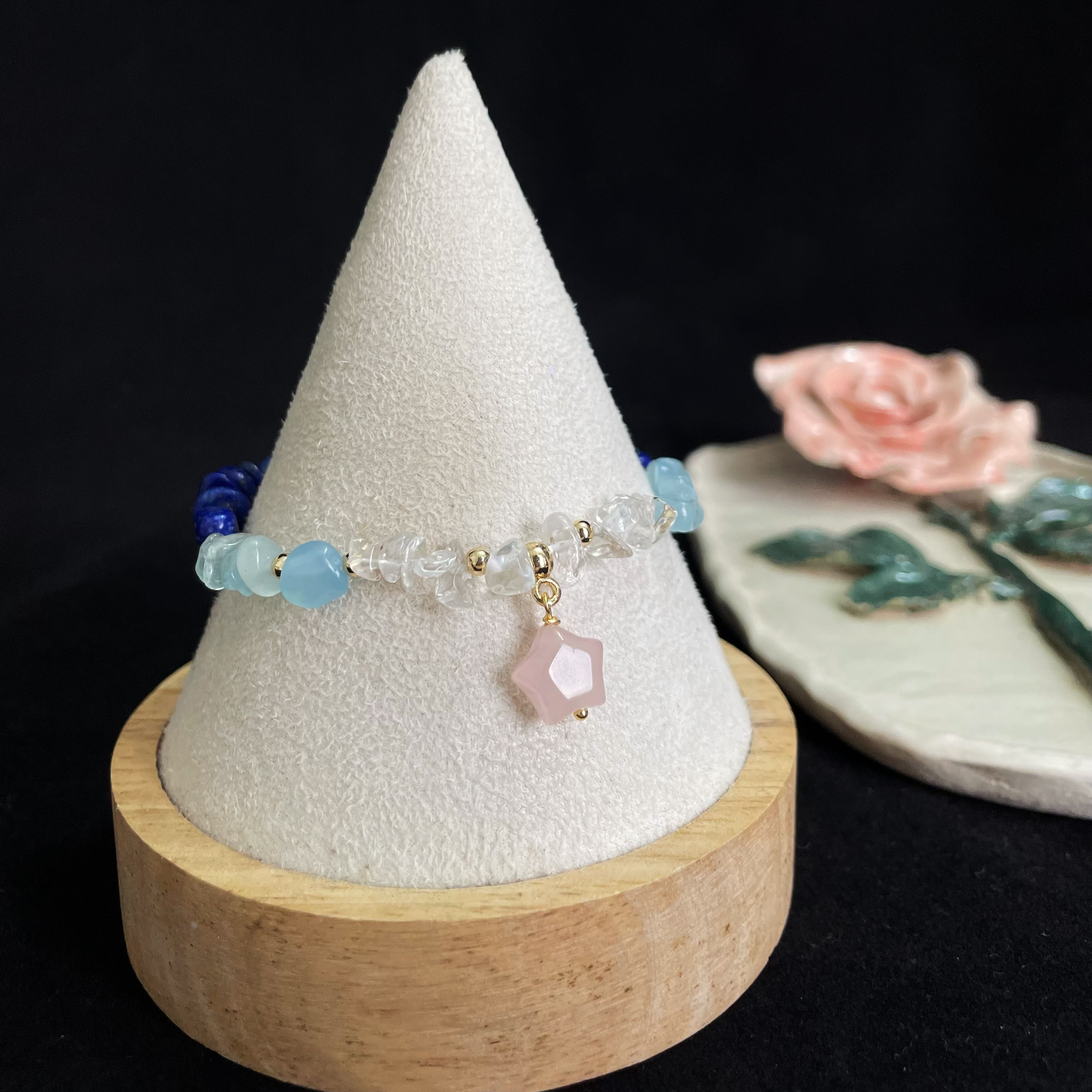 Handcrafted Celestial Harmony Blue Gemstone with Rose Quartz Star Bracelet