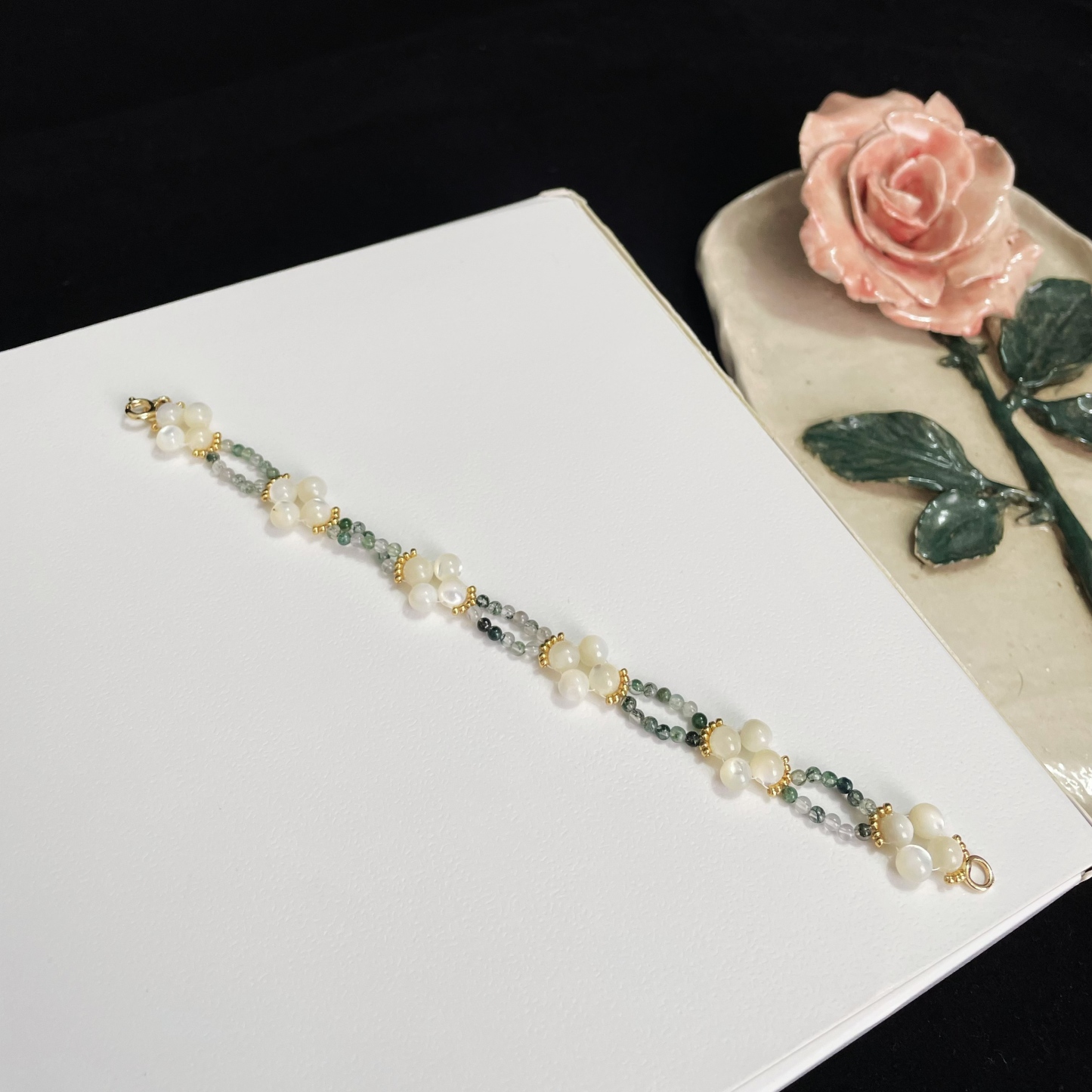 Handcrafted Clover Blossom Bracelet Made of Trochus Shell Beads Moss Agate