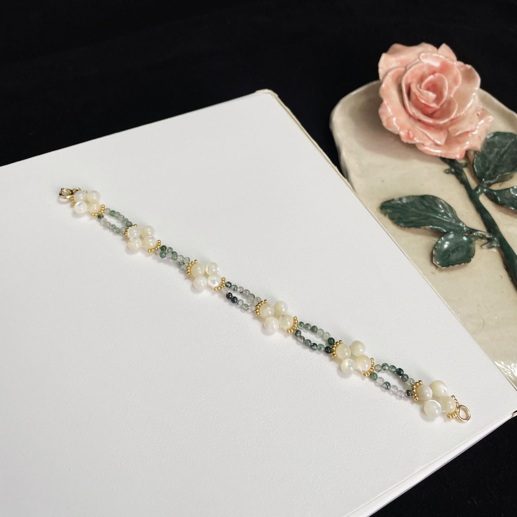 Handcrafted Clover Blossom Bracelet Made of Trochus Shell Beads Moss Agate