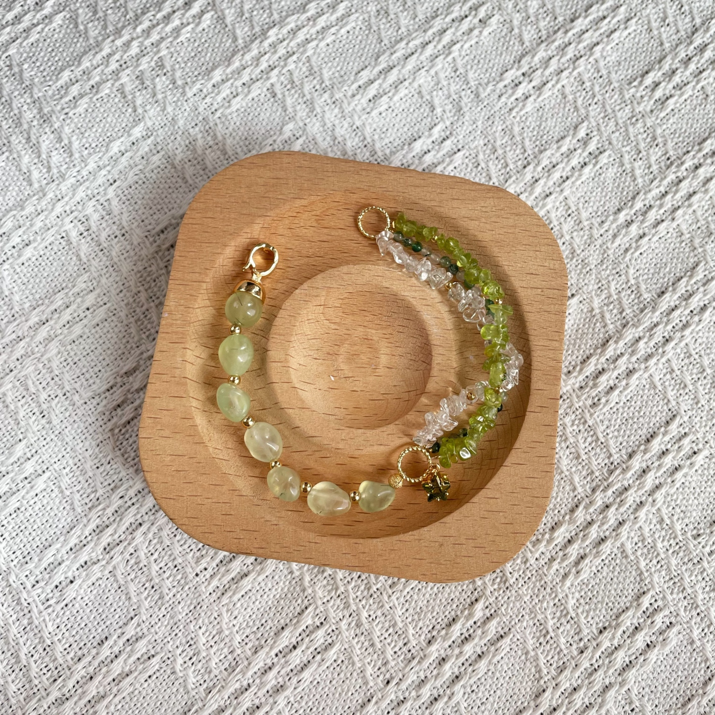 Handmade Forest Star Bracelet Prehnite Peridot Moss Agate and Clear Quartz