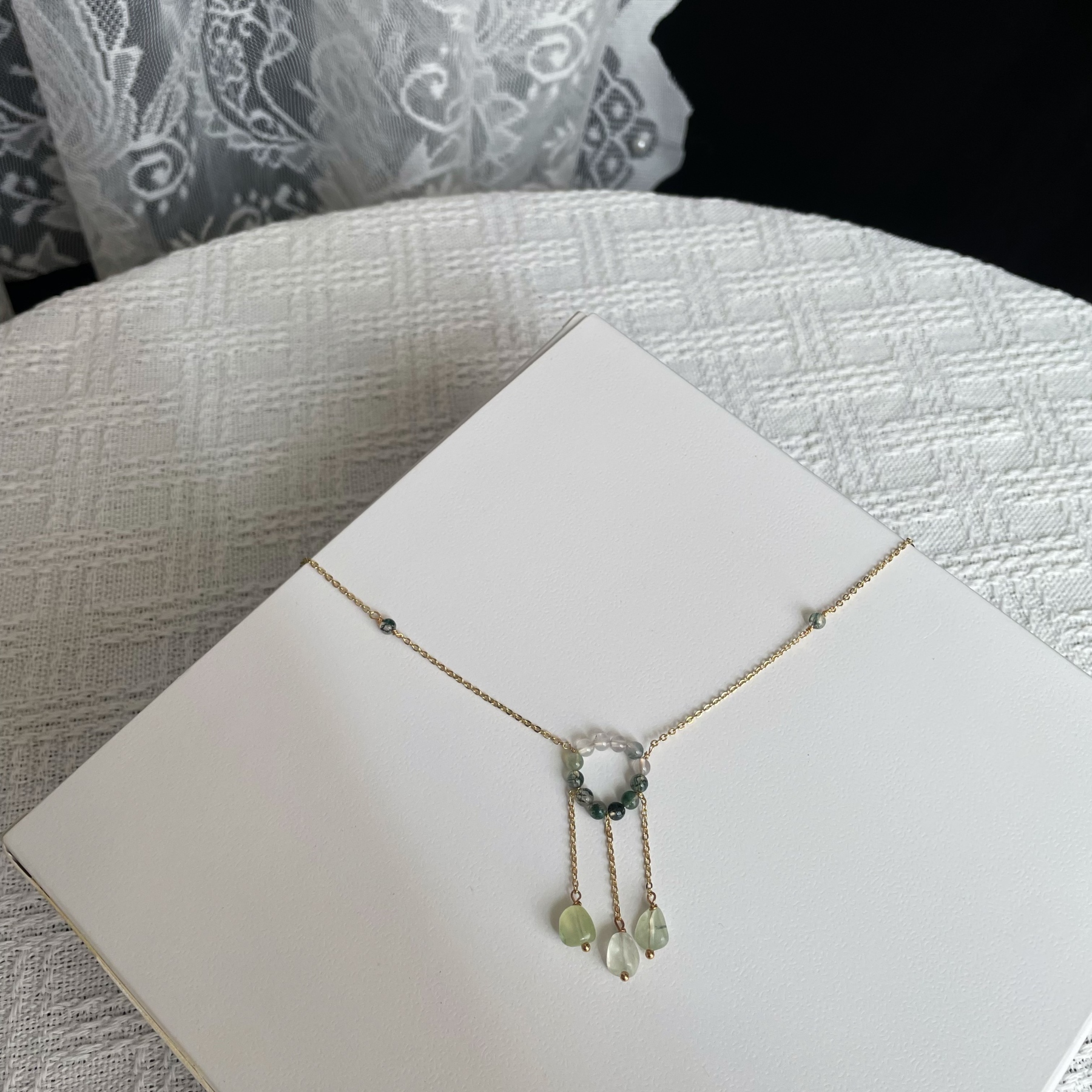 Handmade Whispering Grove Forest Circle Necklace Prehnite and Moss Agate