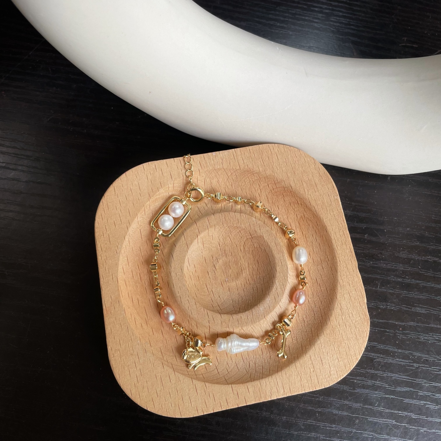 Handmade Freshwater Pearl and Bead Chain Bracelet with Dog Charms