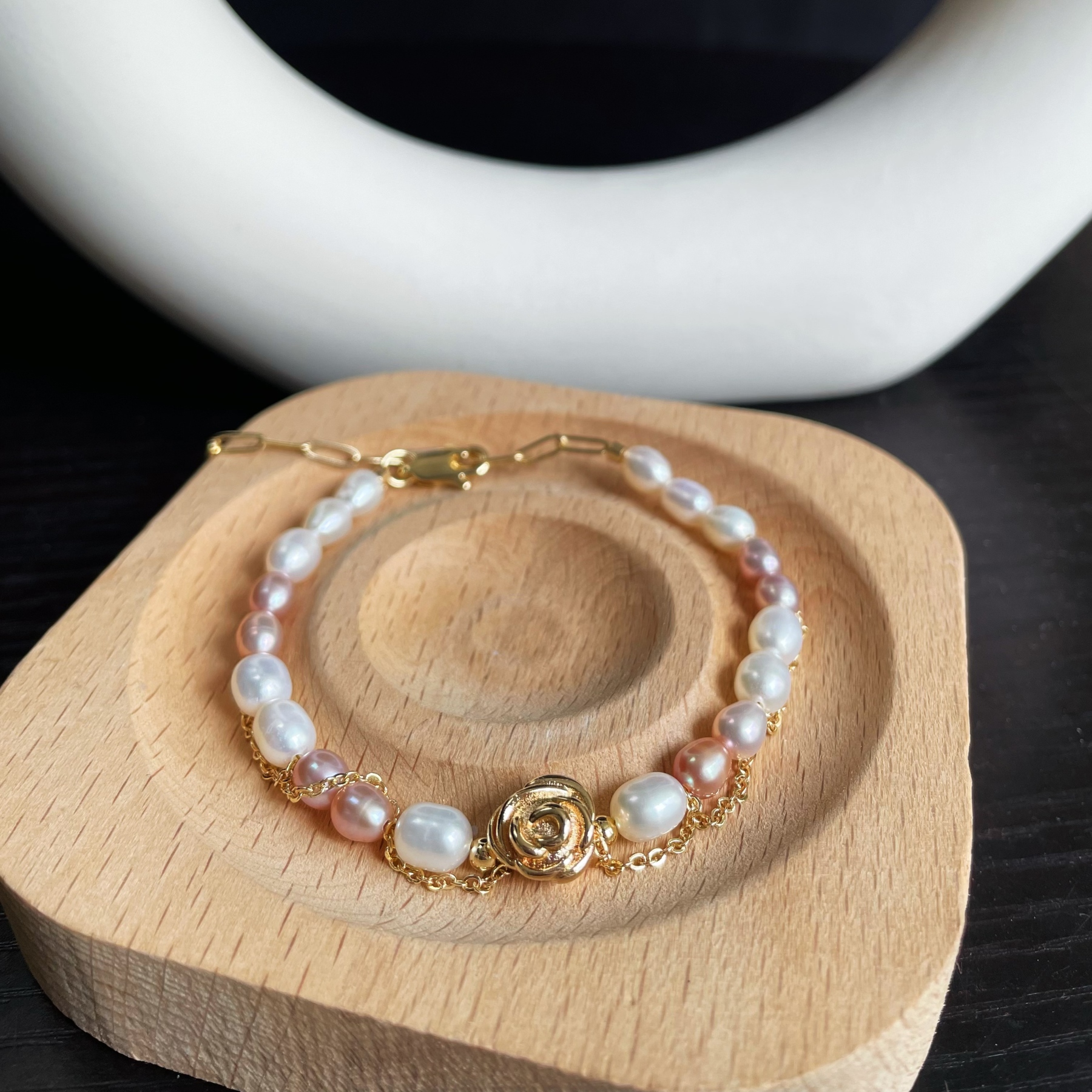 Handmade Elegant White and Purple Freshwater Pearl Bracelet with Rose Accent 