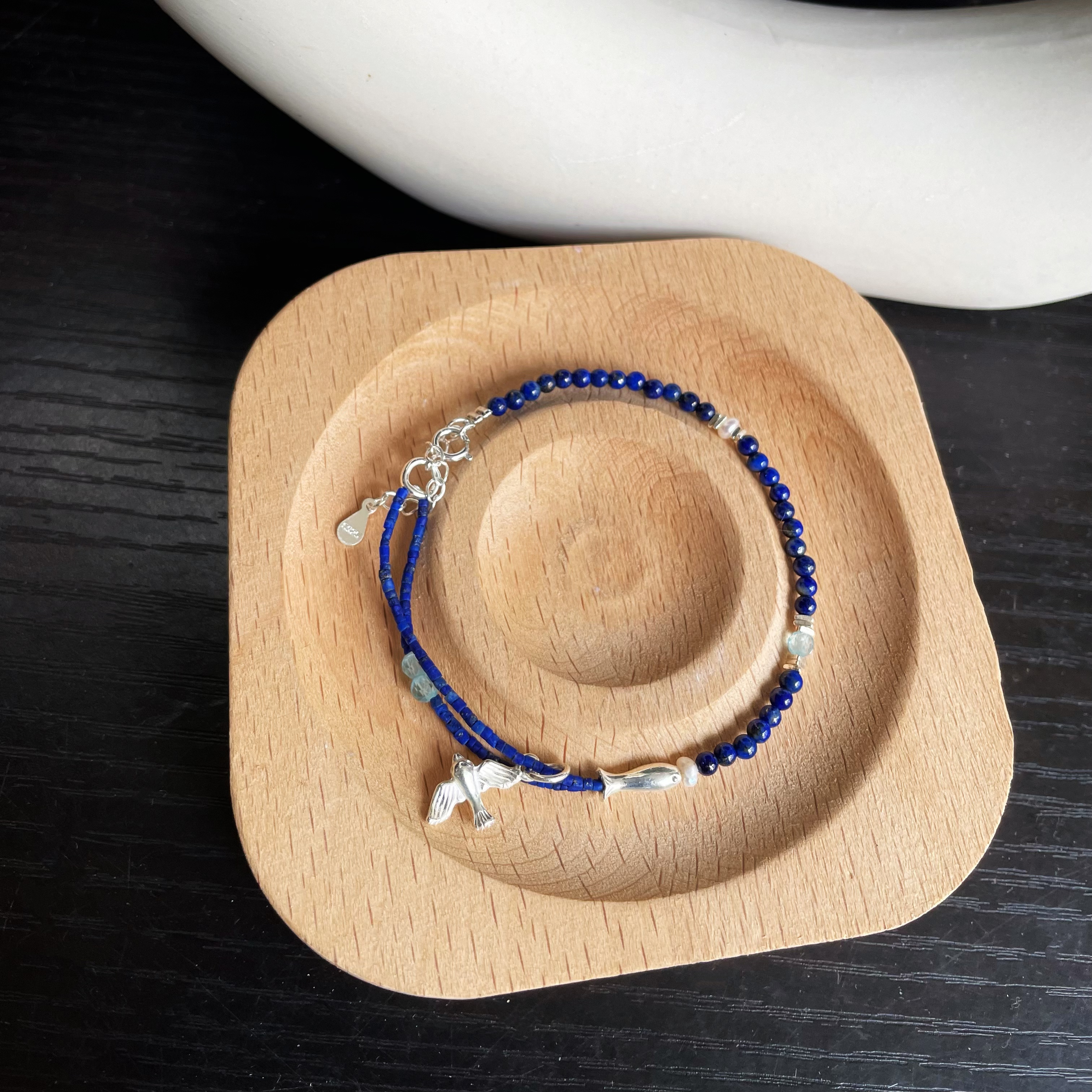 Handmade Lapis Lazuli Blue Apatite and Pearls Bracelet with Sterling Silver Bird and Fish Charms