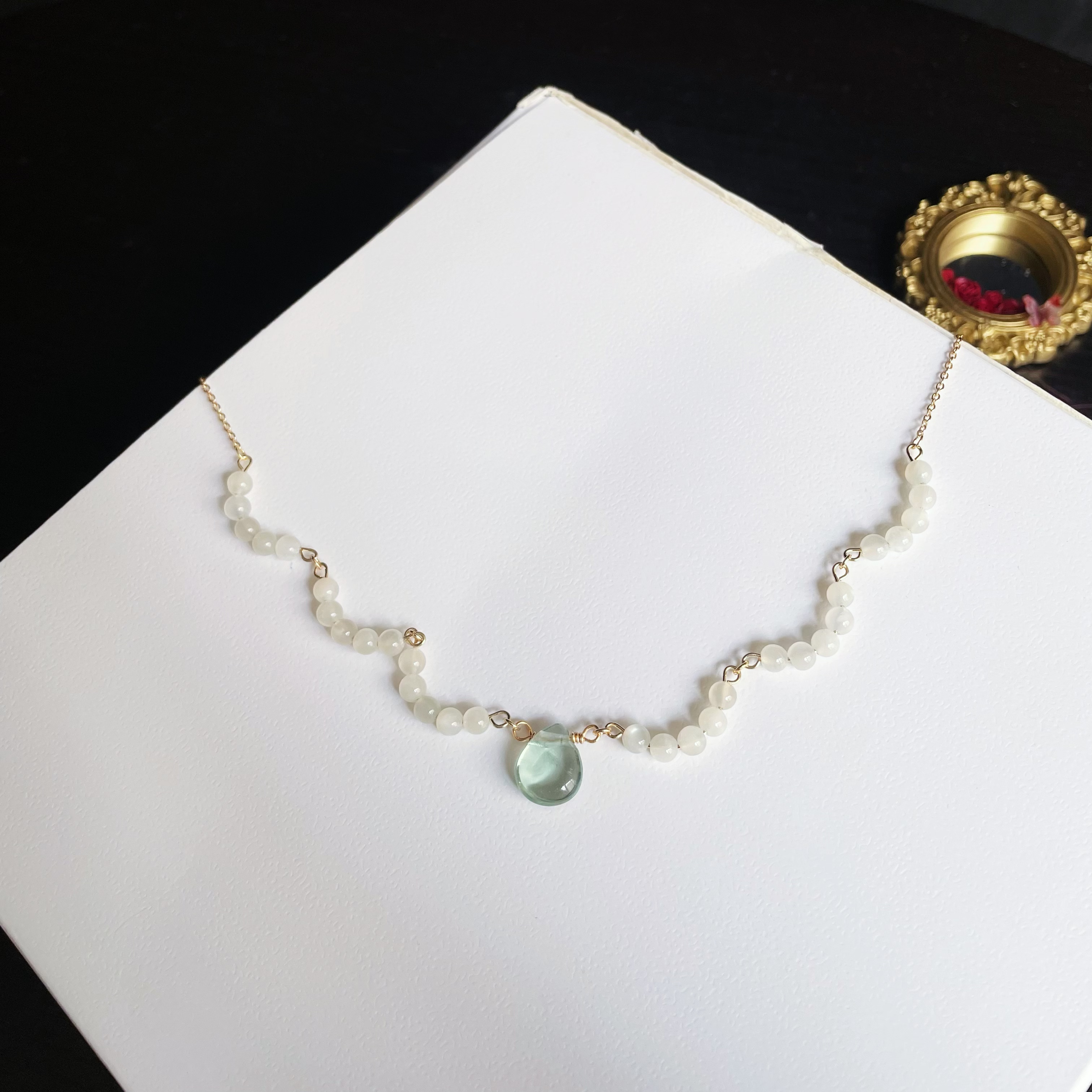 Handmade White Moonstone Blossom with Green Fluorite Teardrop Pendant Necklace