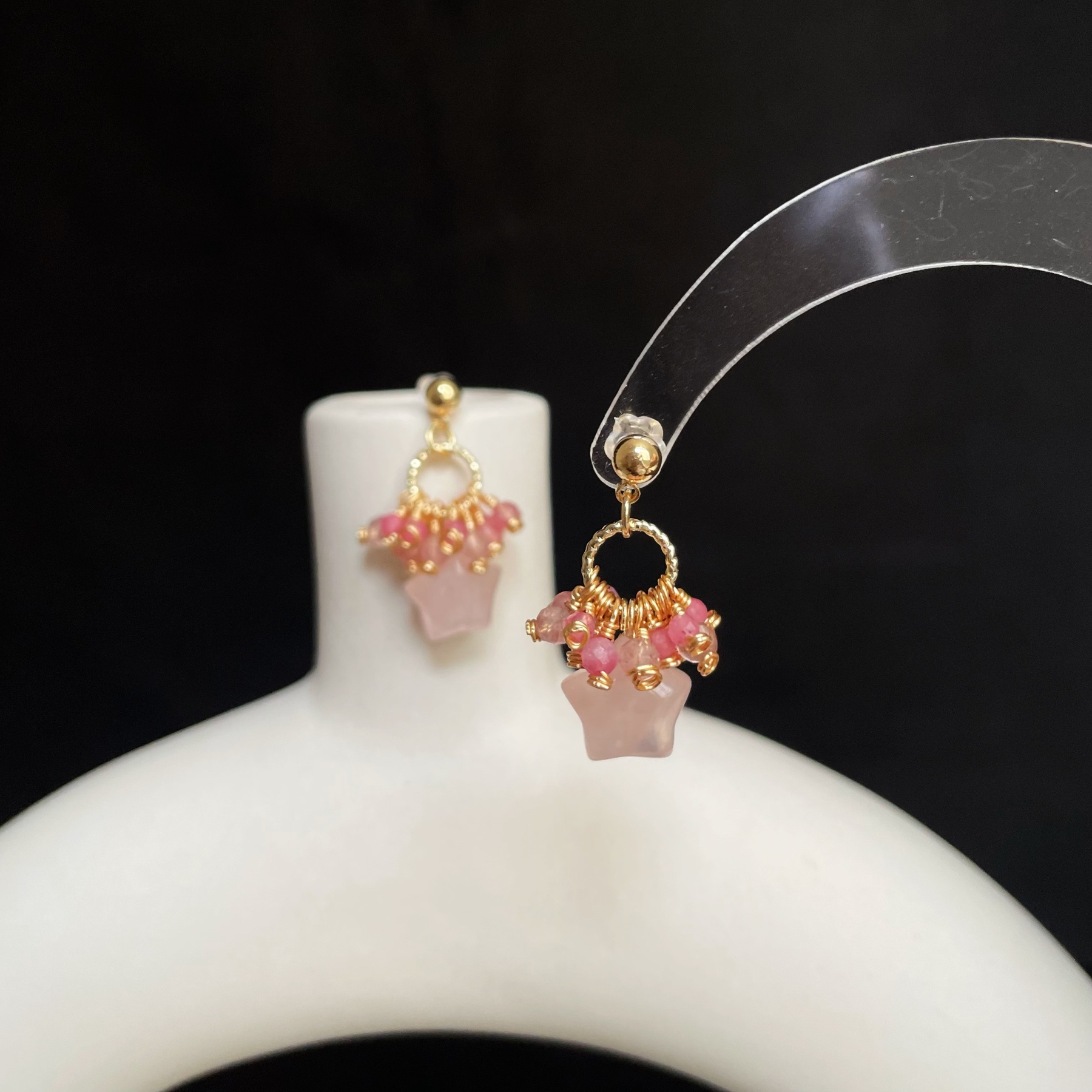 Handmade Rose Nebula Earrings Rose Quartz Star Drop with Pink Tourmaline and Strawberry Quartz Cluster