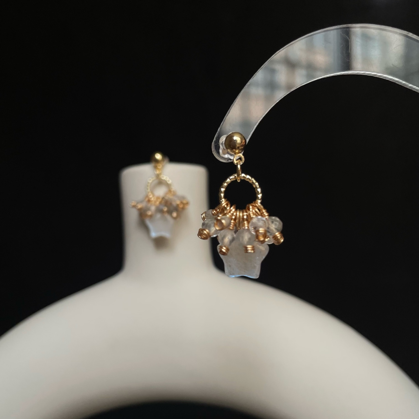 Handmade Moonlight Nebula Earrings Blue Moonstone Star with Clear Quartz and Labradorite Cluster