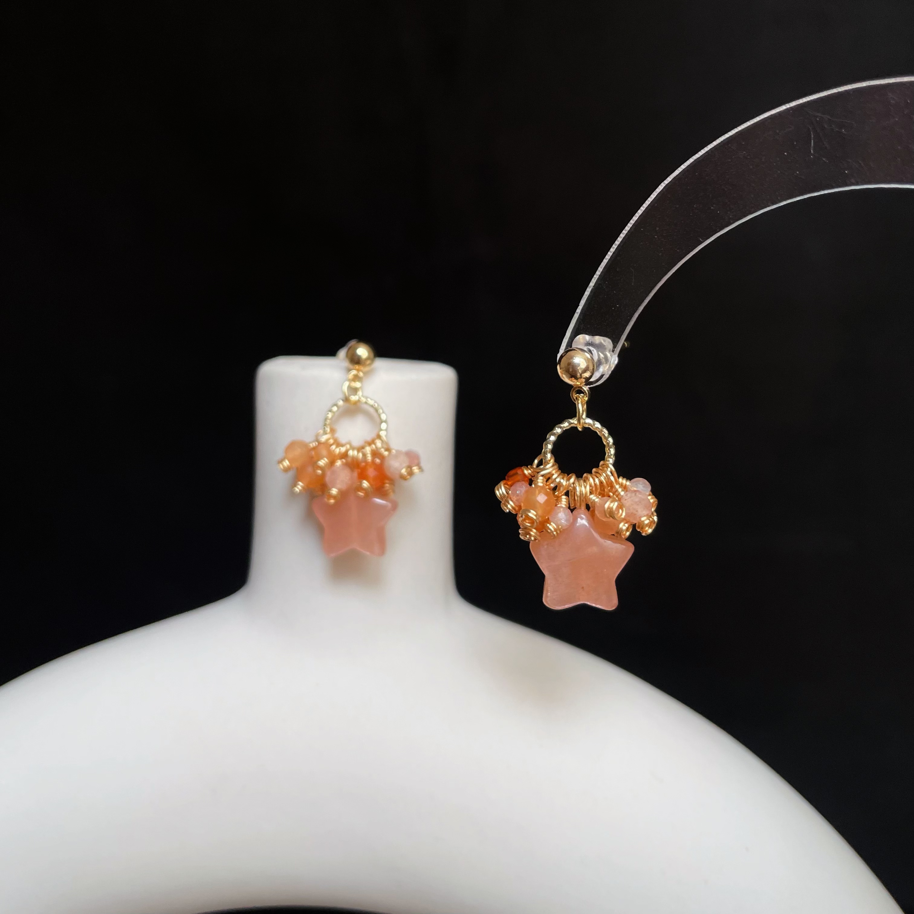 Handmade Amber Nebula Earrings Peach Moonstone Star with Red Aventurine and Red Agate Cluster