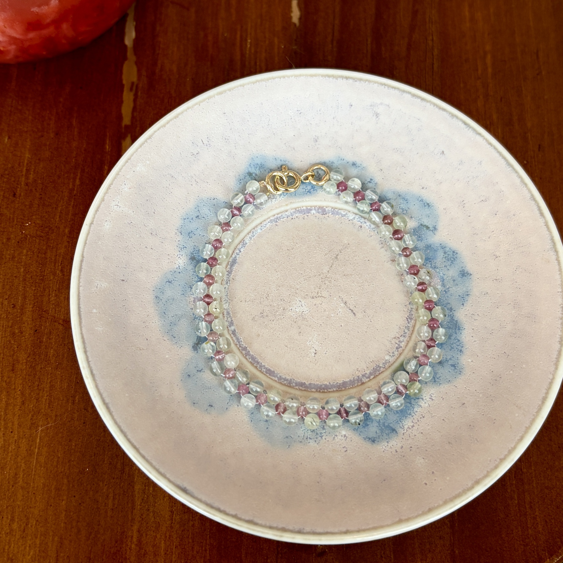 Handmade Prehnite and Pink Tourmaline Beaded Woven Bracelet Custom Size