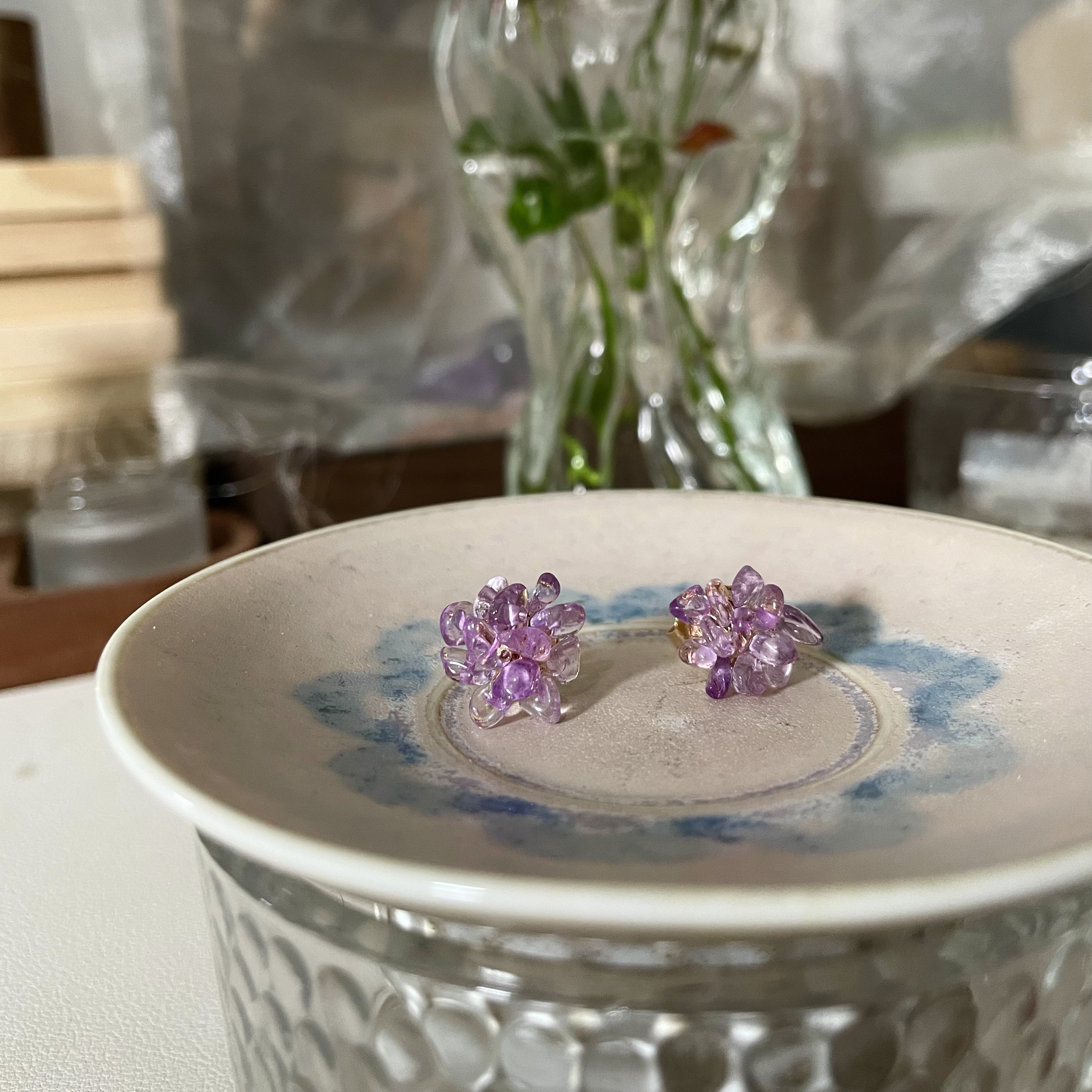 Handmade Dainty Amethyst Cluster Flower Stud Earrings