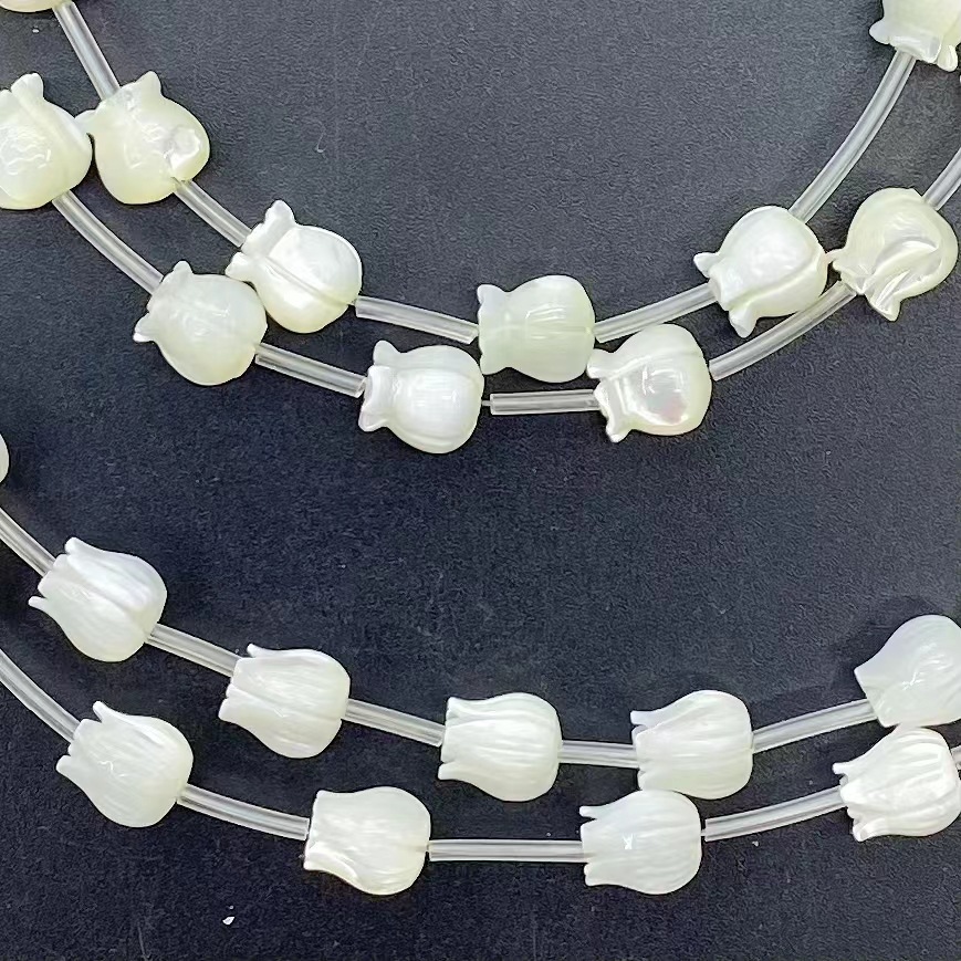 Hand-Carved White Shell Tulip and Lily-of-The-Valley Bead