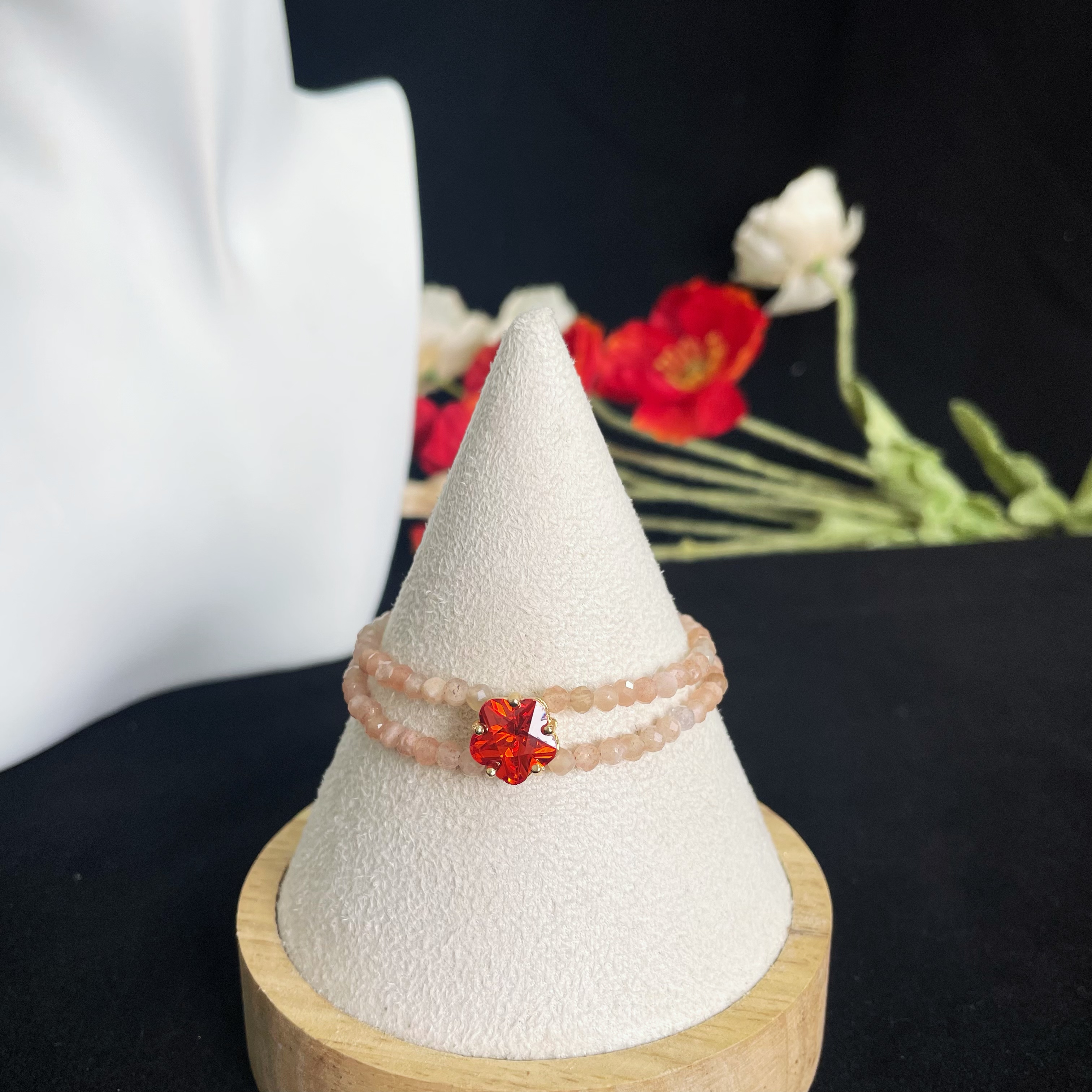 Elegant Double Line Gemstone Faced Beads Bracelet with Zircon Peach Blossom Charm