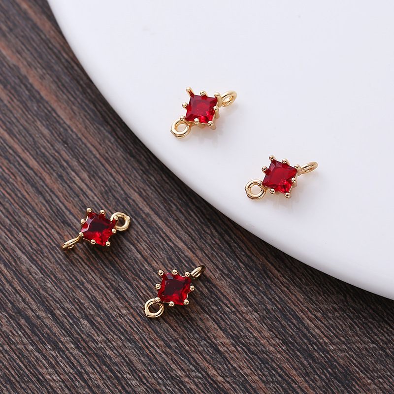 4*4mm Colored Zircon Rhombus Charm Pendant Dual Hanging Rings