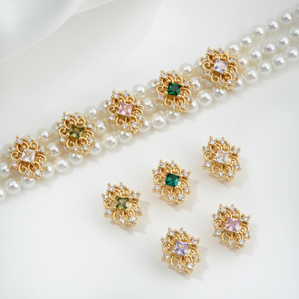 Color Zircon Inlaid Flower Three Rows Spacer Bead Accessory for Jewelry Making