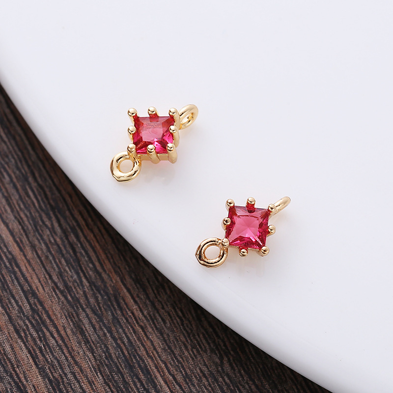 4*4mm Colored Zircon Rhombus Charm Pendant Dual Hanging Rings