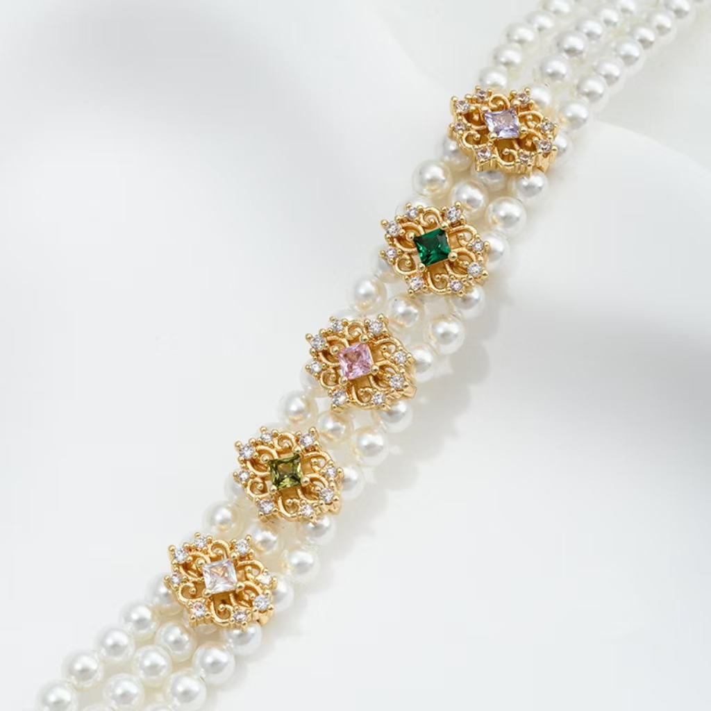 Color Zircon Inlaid Flower Three Rows Spacer Bead Accessory for Jewelry Making