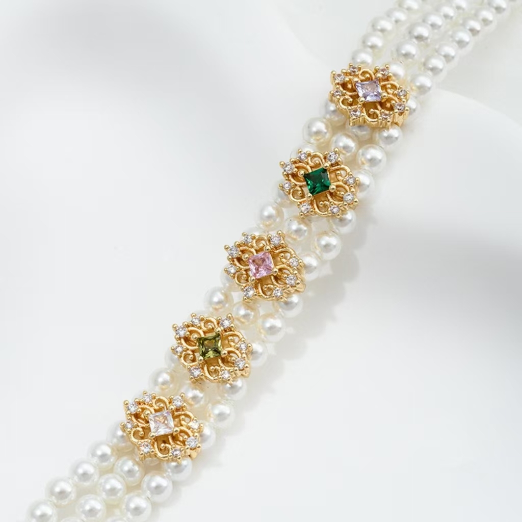 Color Zircon Inlaid Flower Three Rows Spacer Bead Accessory for Jewelry Making