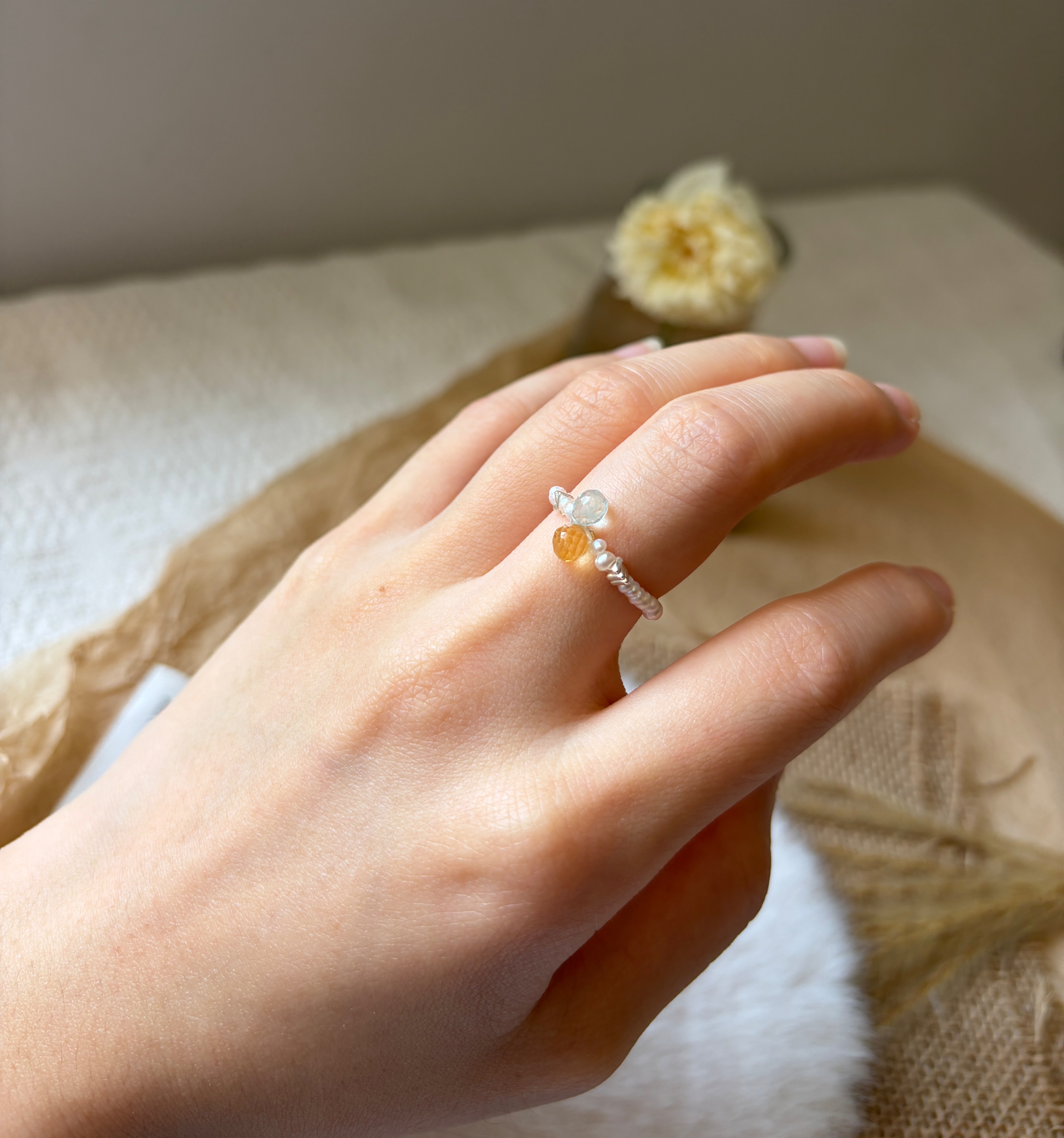 Handmade Sea and Sunlight Fragments Ring Aquamarine, Citrine and Freshwater Pearl Beaded Ring