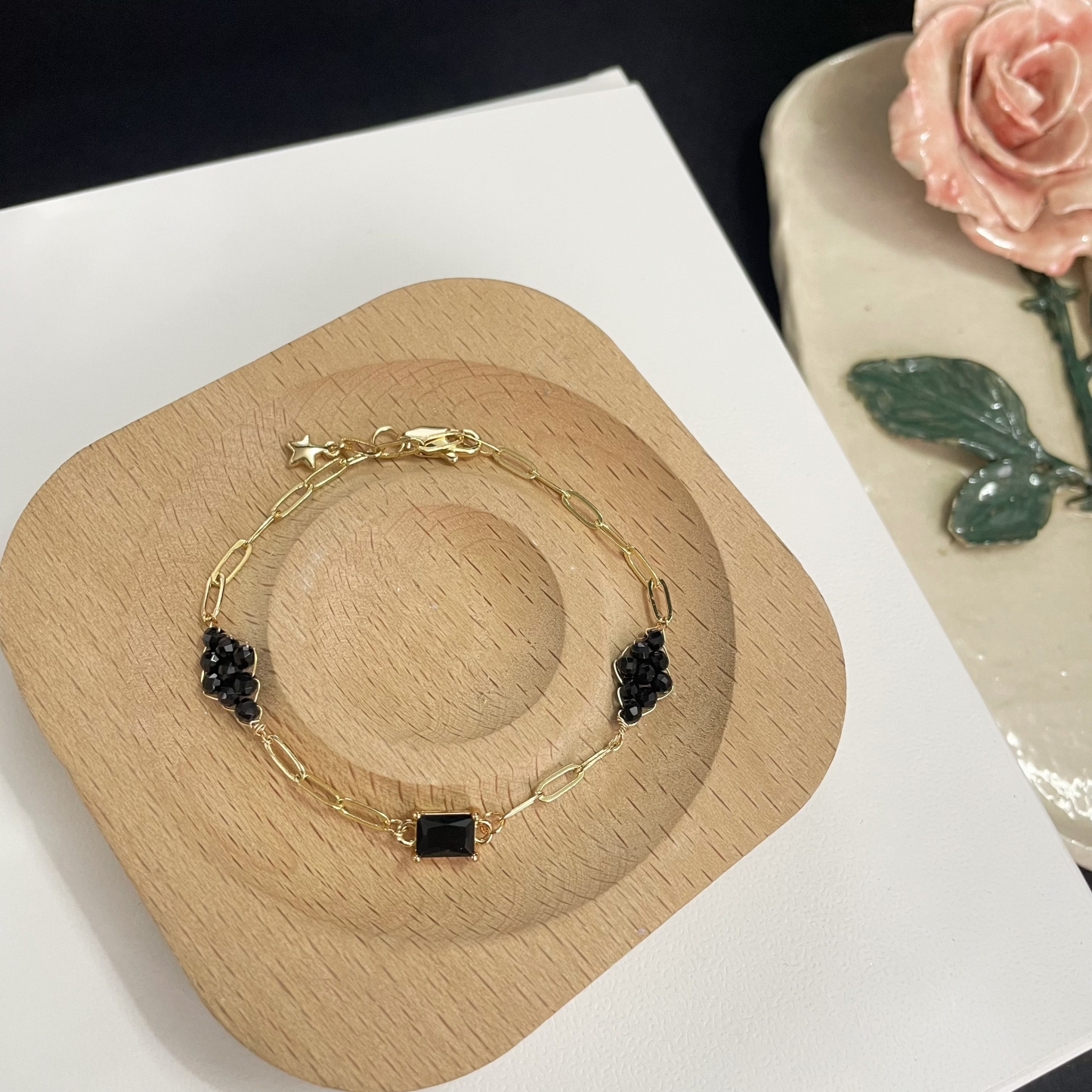 Paperclip Chain Bracelet with beads woven Rhombus and Rectangle Zircon