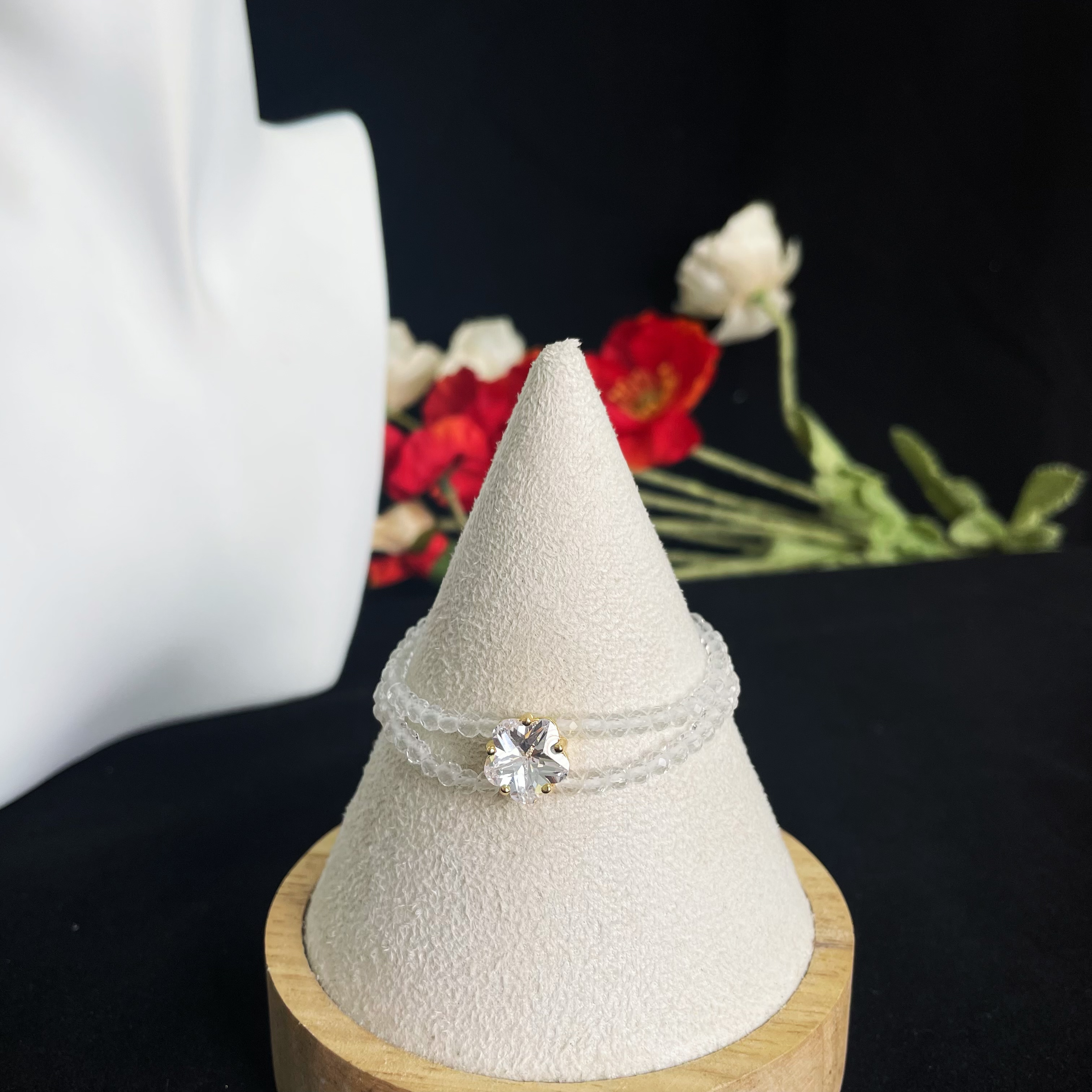 Elegant Double Line Gemstone Faced Beads Bracelet with Zircon Peach Blossom Charm