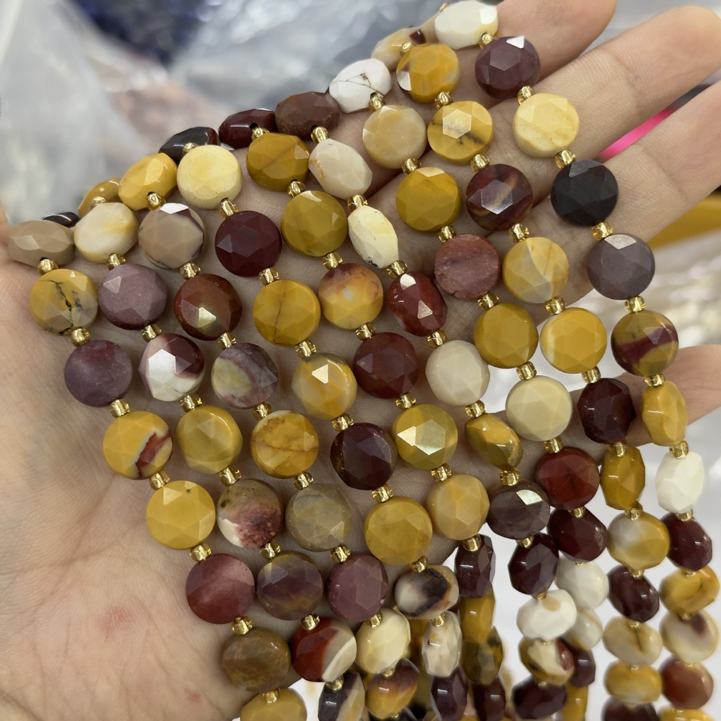 10mm Hexagram Faced Pie Gemstone Beads Srand