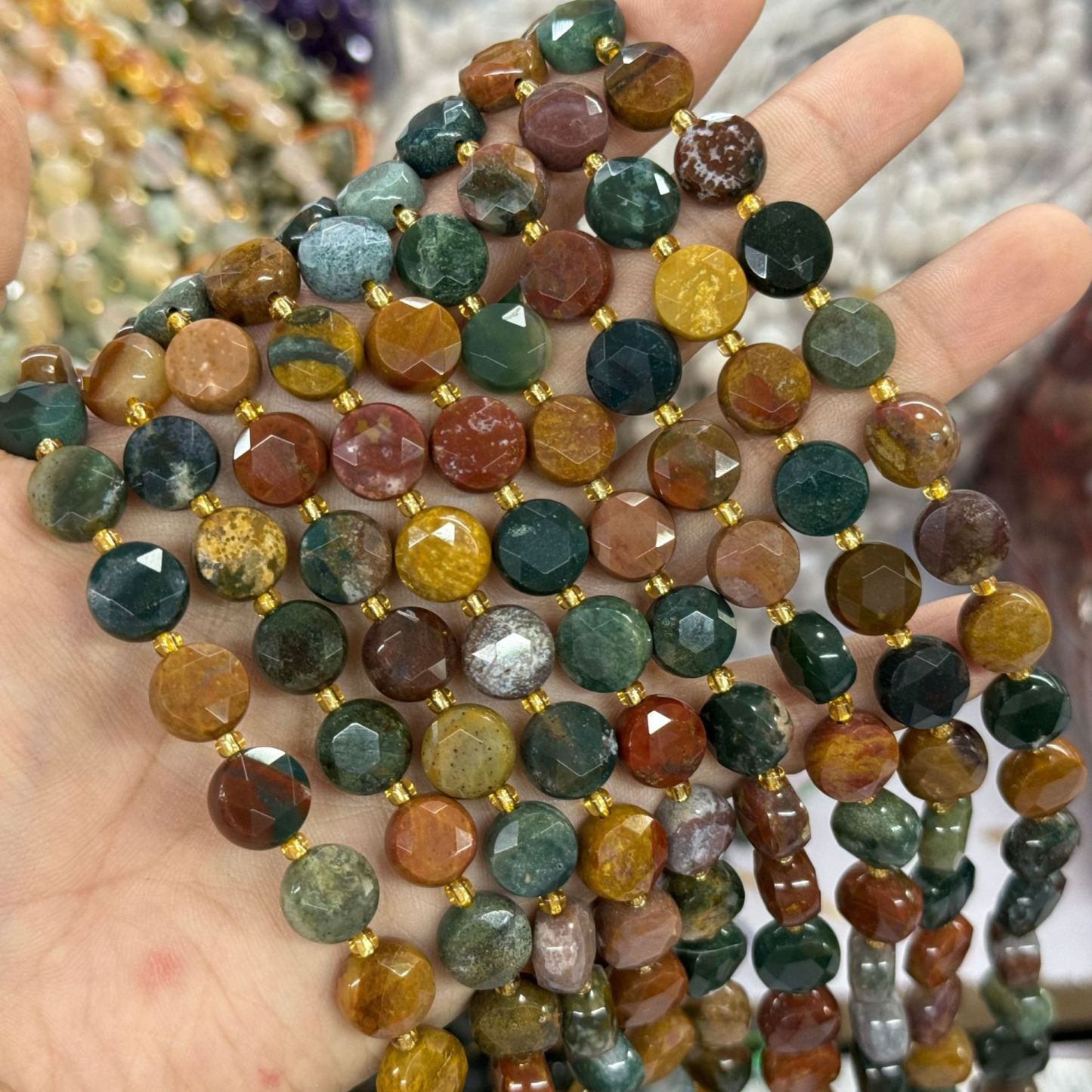 10mm Hexagram Faced Pie Gemstone Beads Srand