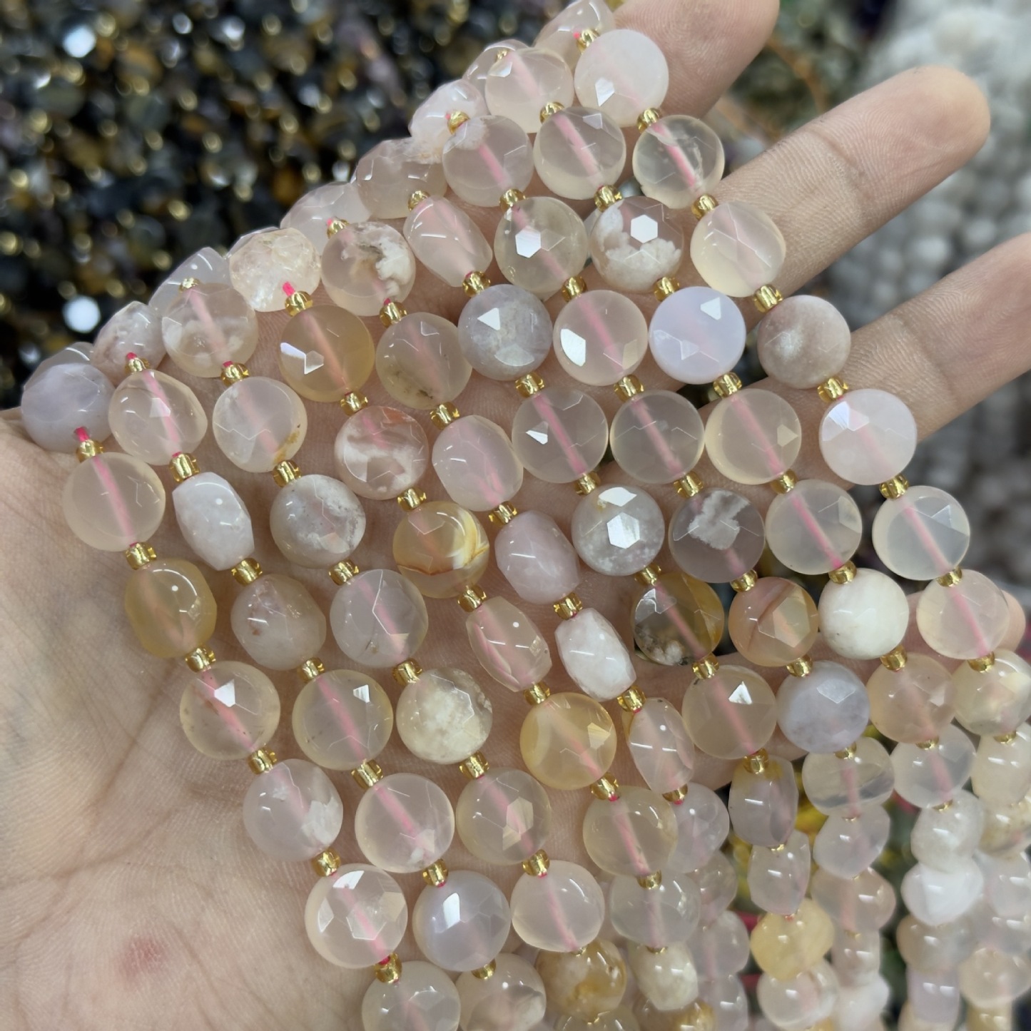 10mm Hexagram Faced Pie Gemstone Beads Srand