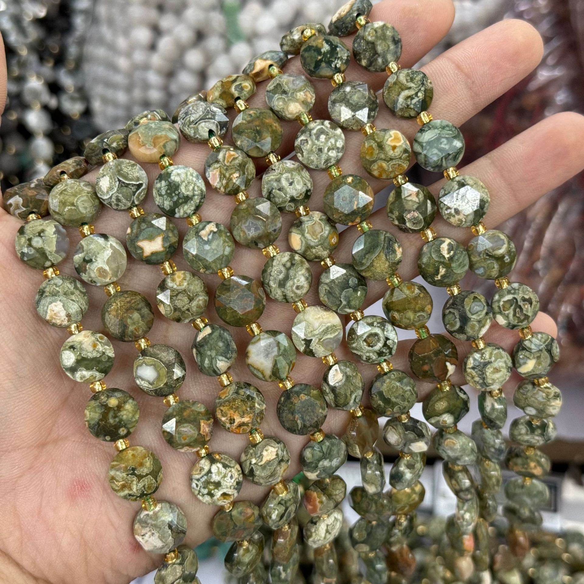 10mm Hexagram Faced Pie Gemstone Beads Srand