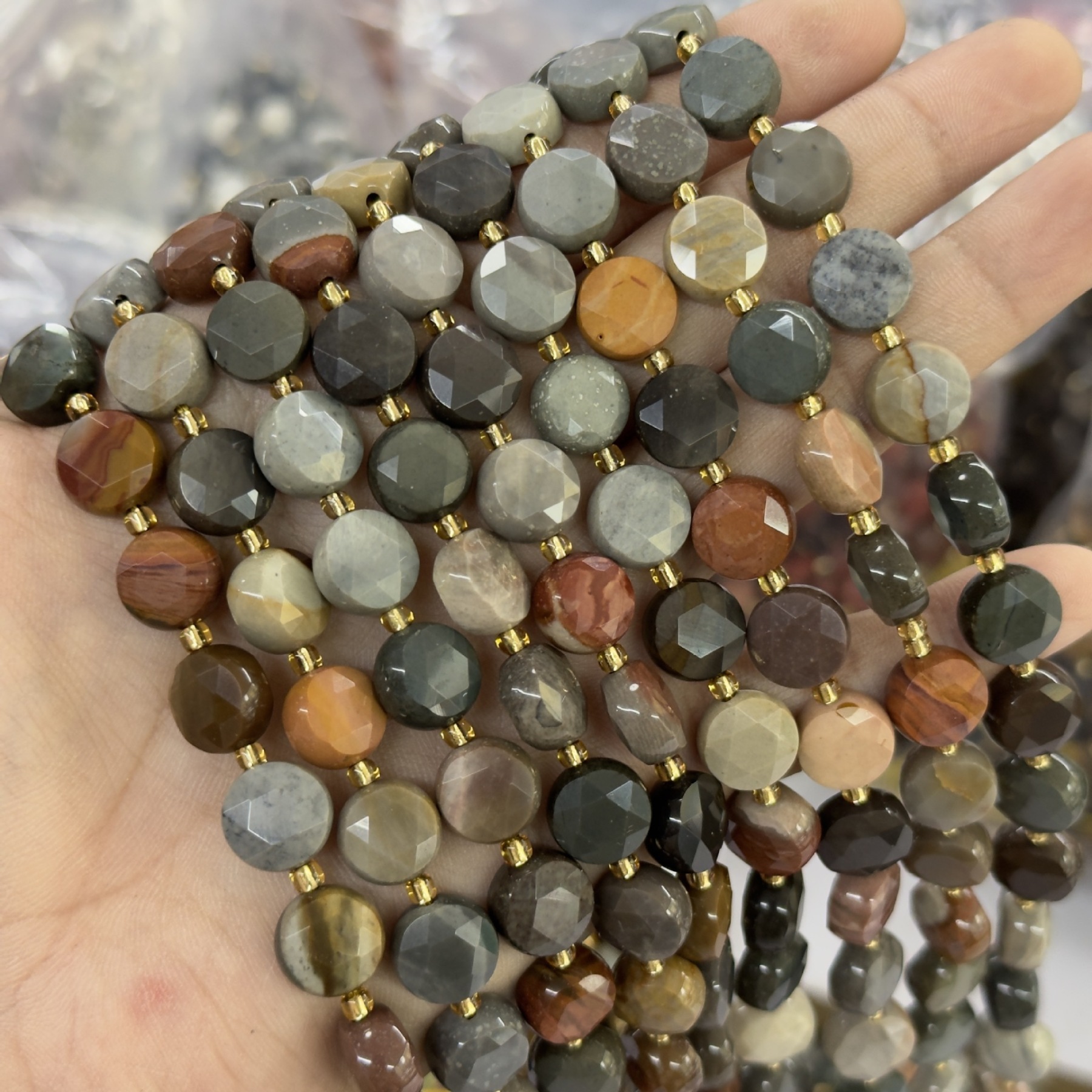 10mm Hexagram Faced Pie Gemstone Beads Srand