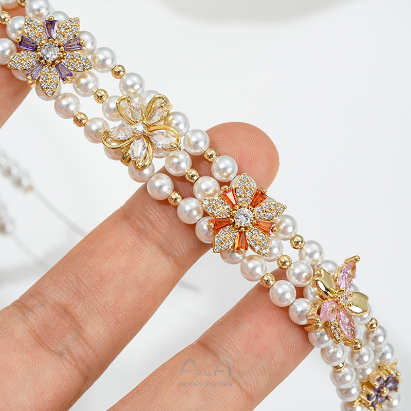 Zircon Inlaid Flower Three Rows Spacer Bead Jewelry Making Charm