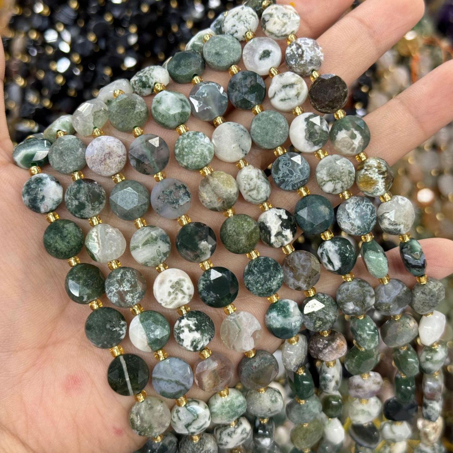 10mm Hexagram Faced Pie Gemstone Beads Srand