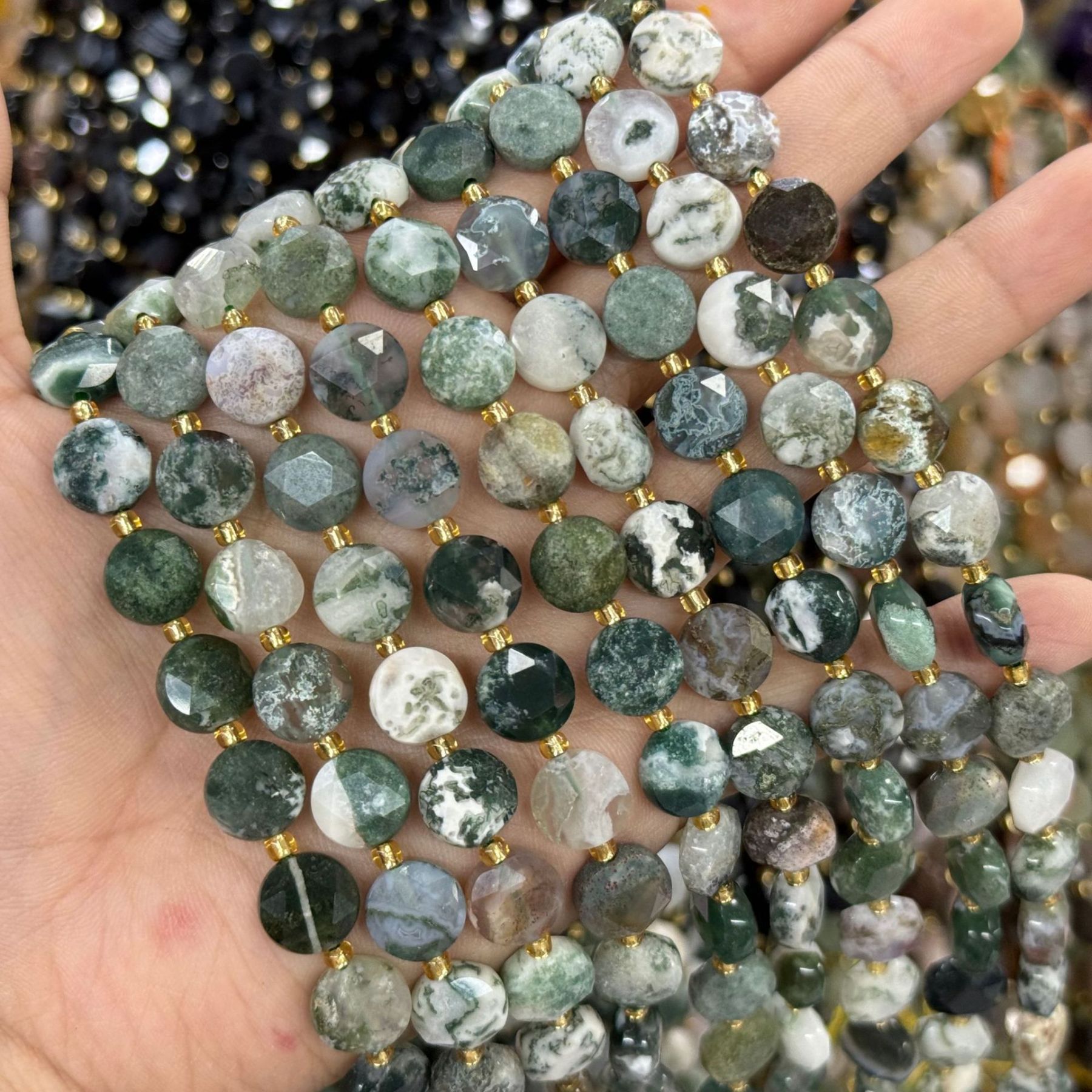 10mm Hexagram Faced Pie Gemstone Beads Srand