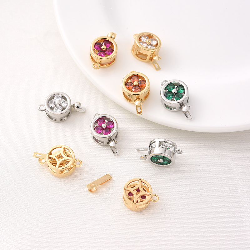 Colored Zircon Inlaid Gold Plated Flower Round Buckle 10mm