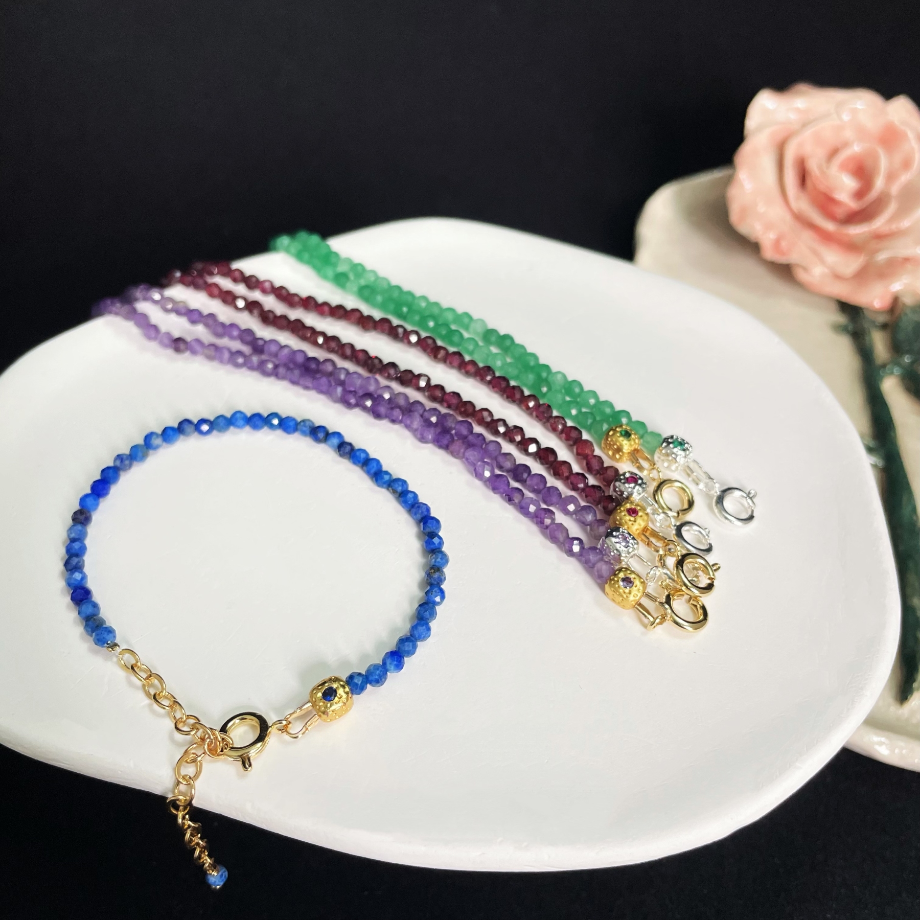 Gemstone Faced Beads Bracelet with Zircon Inlaid Cube Beads