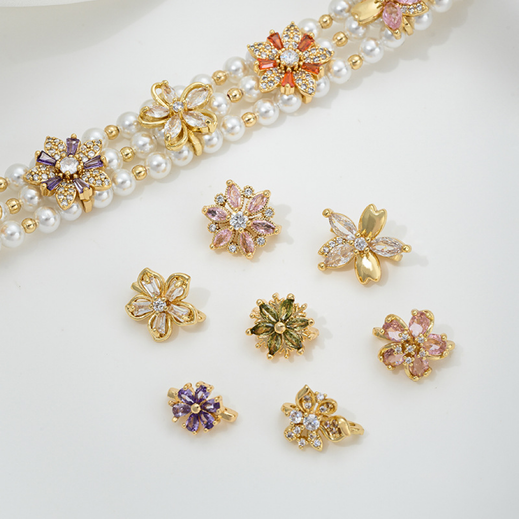 Zircon Inlaid Flower Three Rows Spacer Bead Jewelry Making Charm