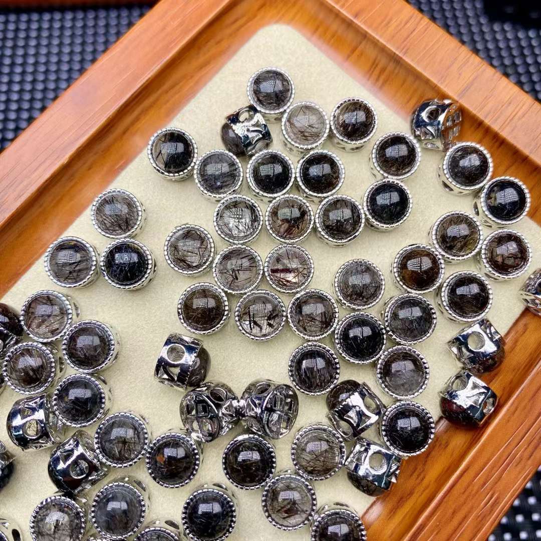 10mm Round Black Quartz Rutilated Inlaid Silver Spacer Bead Accessory