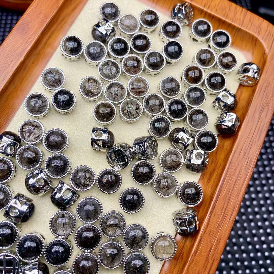 10mm Round Black Quartz Rutilated Inlaid Silver Spacer Bead Accessory