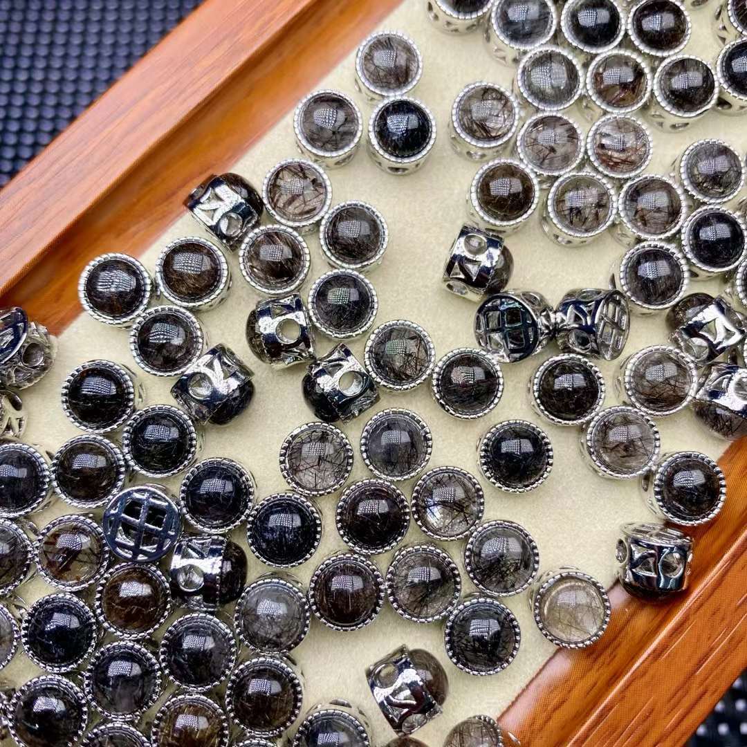 10mm Round Black Quartz Rutilated Inlaid Silver Spacer Bead Accessory