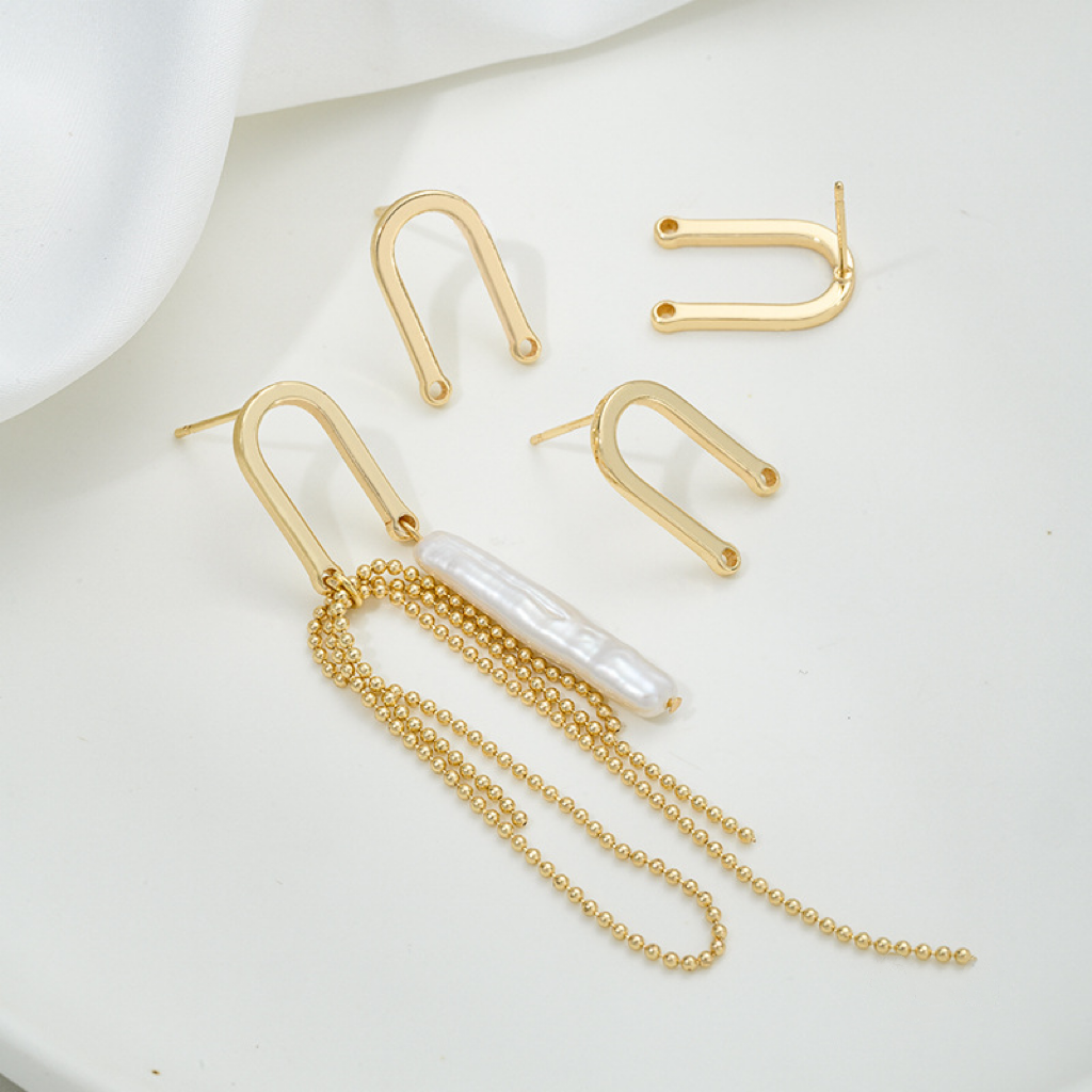 14k gold Plated U Shaped Earring Studs with Hanging Rings Accessory