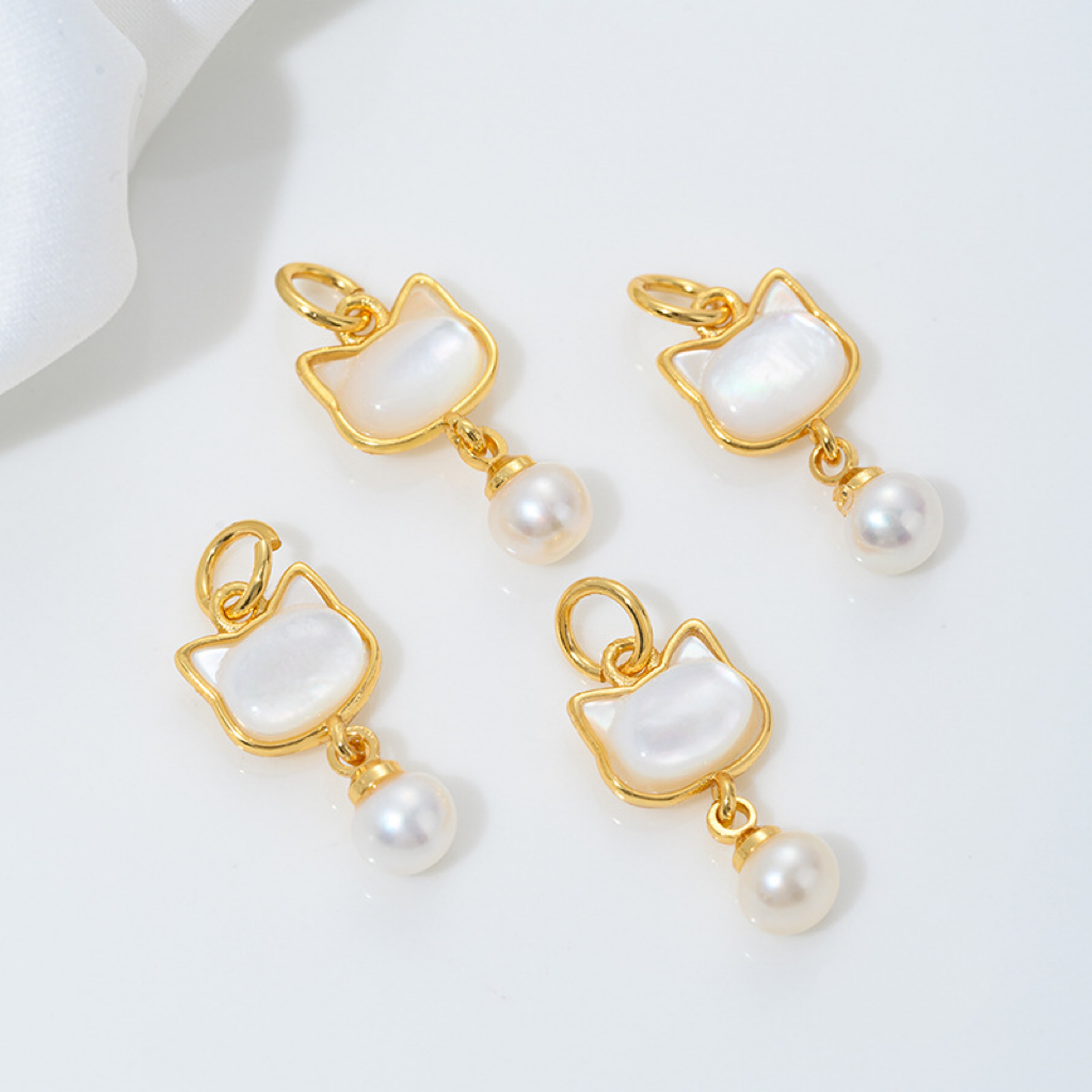 Black and White Natural Shell Carved Cat Theme Pendant Jewelry Charms