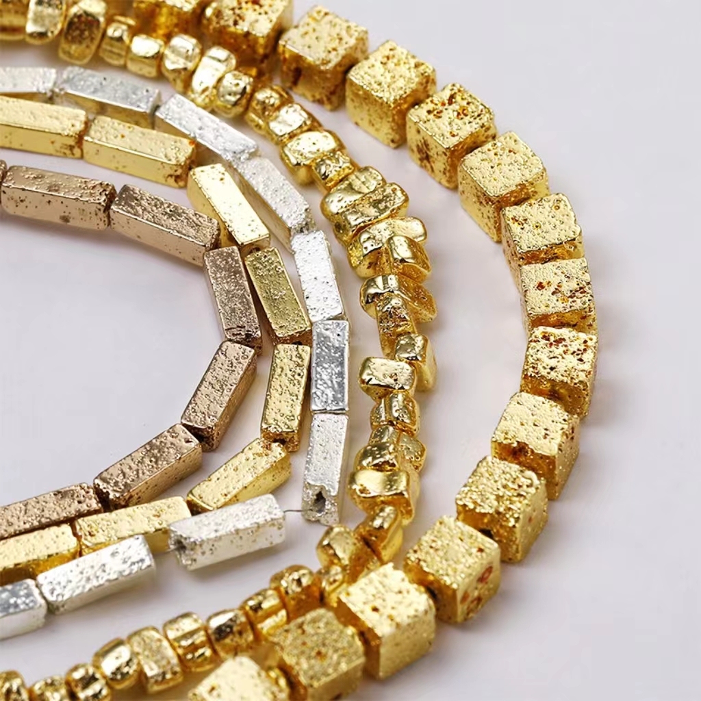 Gold Plated Volcanic Stone Cuboid Spacer Beads Strand