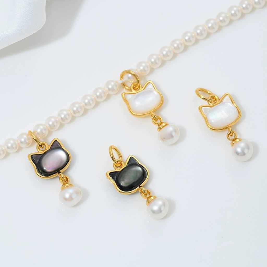 Black and White Natural Shell Carved Cat Theme Pendant Jewelry Charms