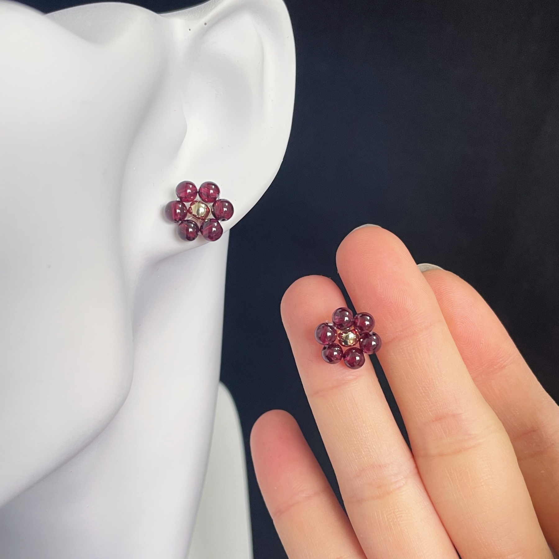 Garnet Blossoms Simple Ear Studs