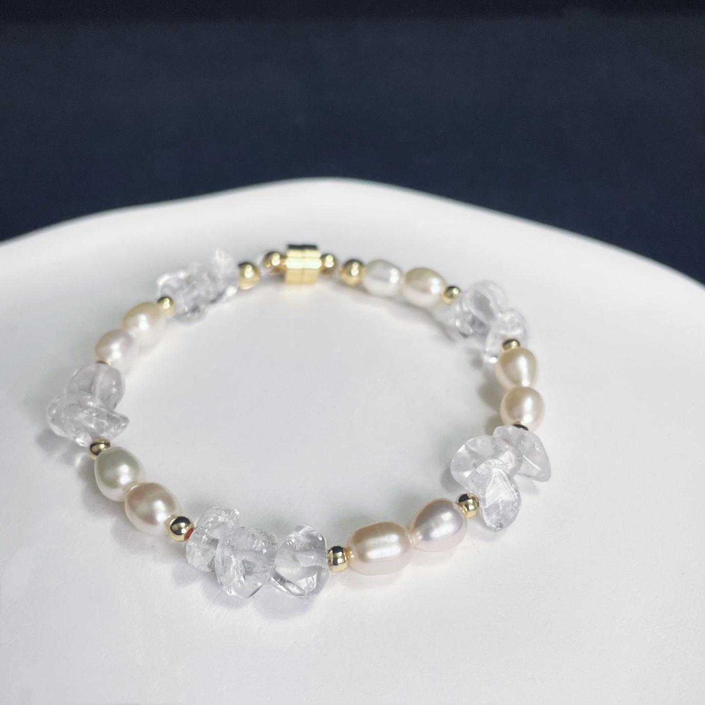 Pearls and Clear Quartz Bracelet with Magnetic Buckle