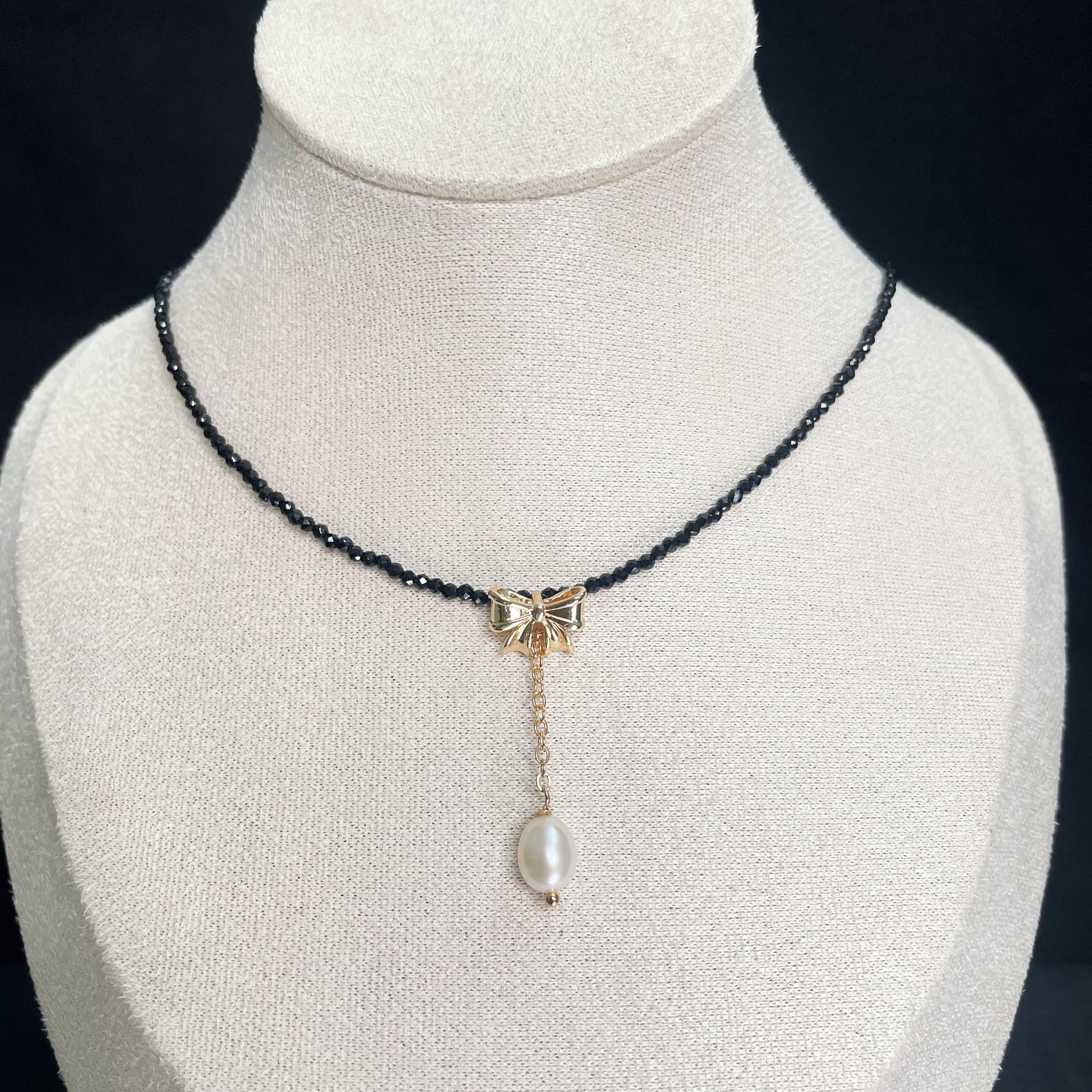 Black Spinel Necklace with Delicate Bow