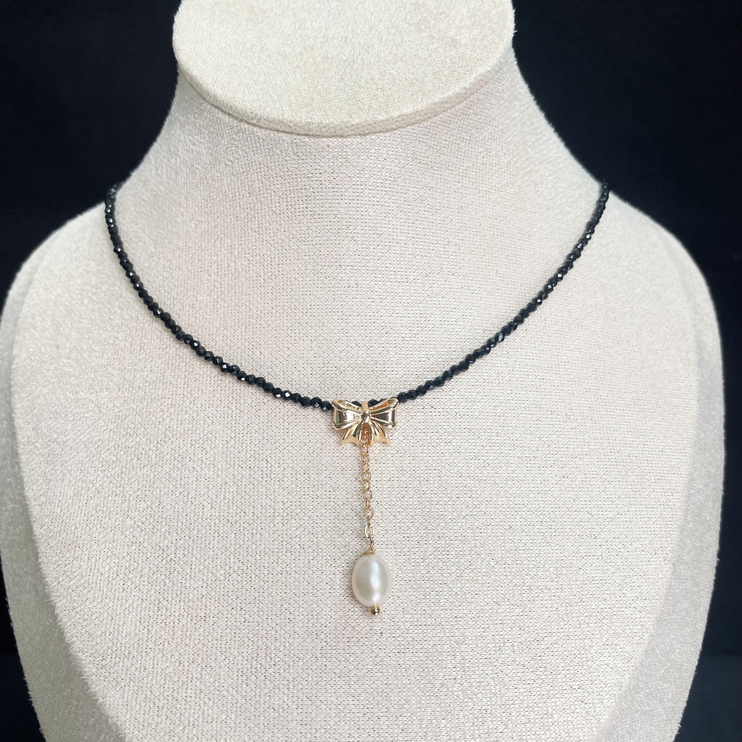Black Spinel Necklace with Delicate Bow
